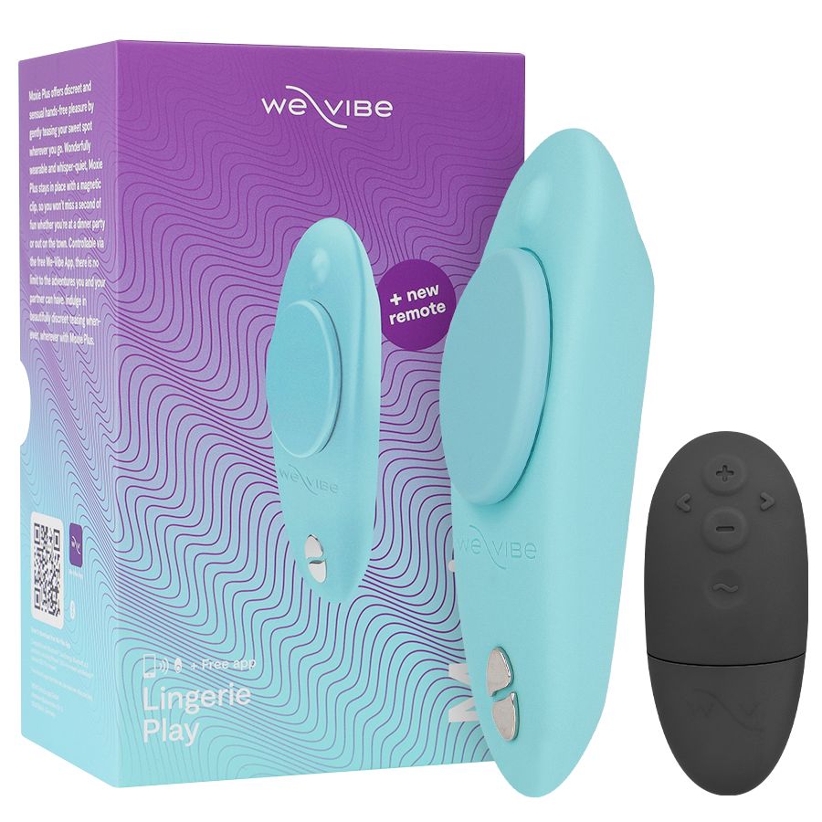 Türkisfarbener Vibrator mit rundem Aufsatz und Fernbedienung. Verpackung mit Markenlogo und Schriftzug "Lingerie Play".