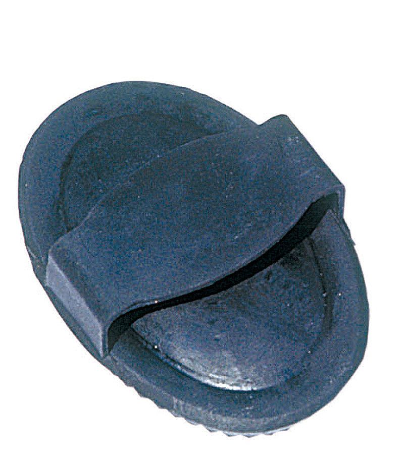 Dunkelblauer, ovaler Gummistriegel mit Griffschlaufe. Unterseite mit Noppen.