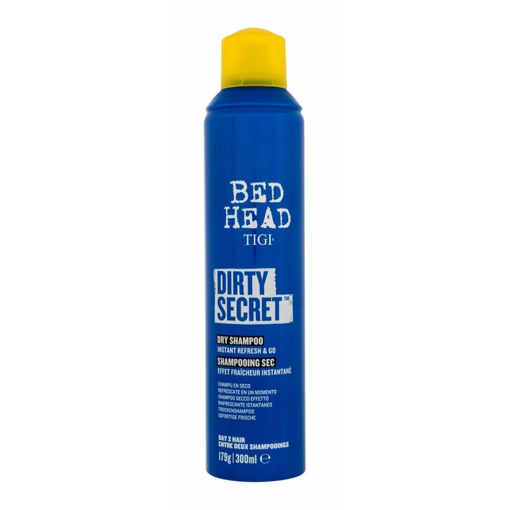 Blaue Sprühflasche mit gelbem Deckel. Aufschrift: Bed Head TIGI Dirty Secret Dry Shampoo. Text in mehreren Sprachen.