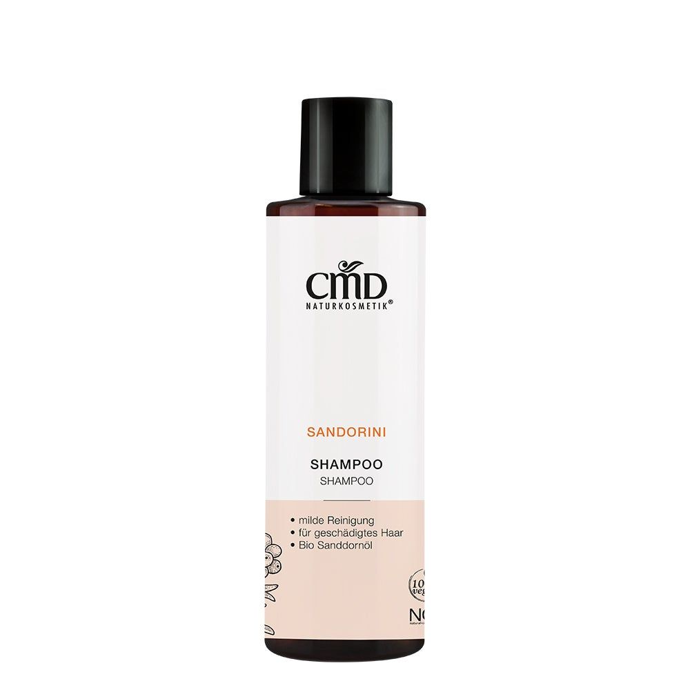 Flasche CMD Naturkosmetik Sandorini Shampoo. Weißes Etikett mit Markenlogo, Produktname und Text. Schwarzer Deckel.