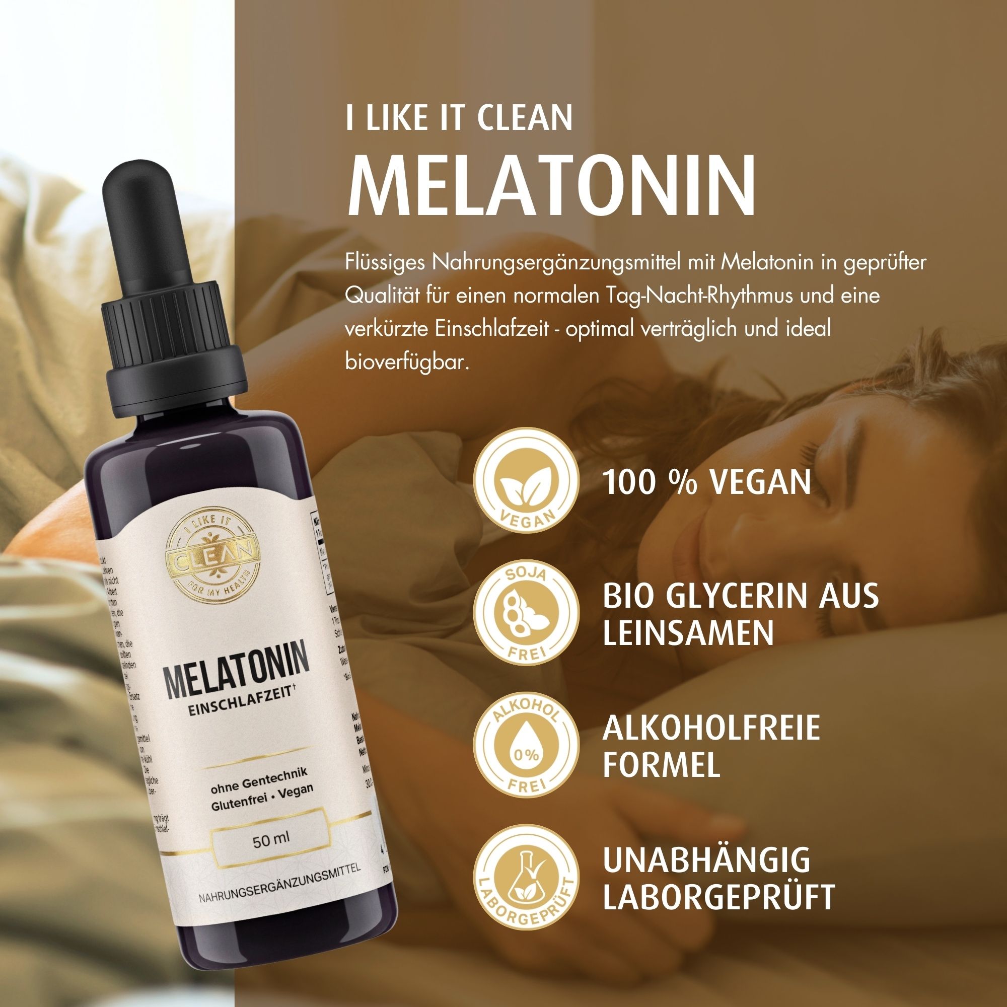 Braune Flasche mit schwarzem Deckel und Pipette. Text: Melatonin, 50 ml. Frau im Hintergrund.