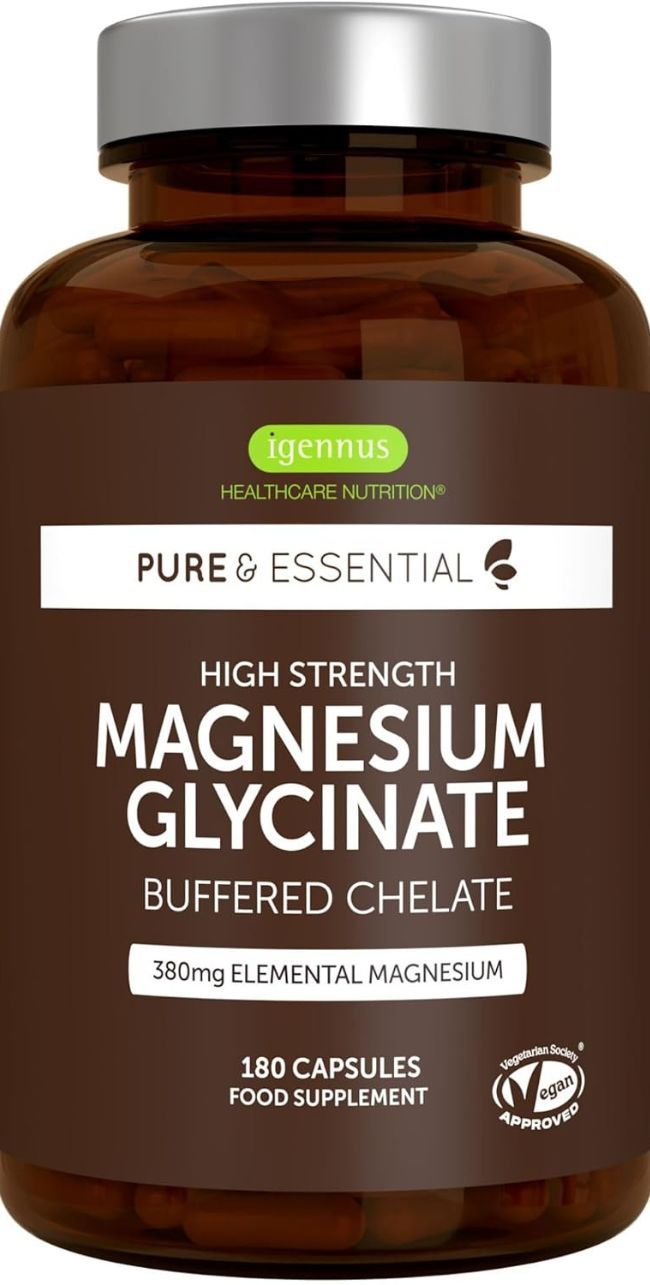Braune Dose mit Igennus Magnesium Glycinate Kapseln, 380mg elementares Magnesium.