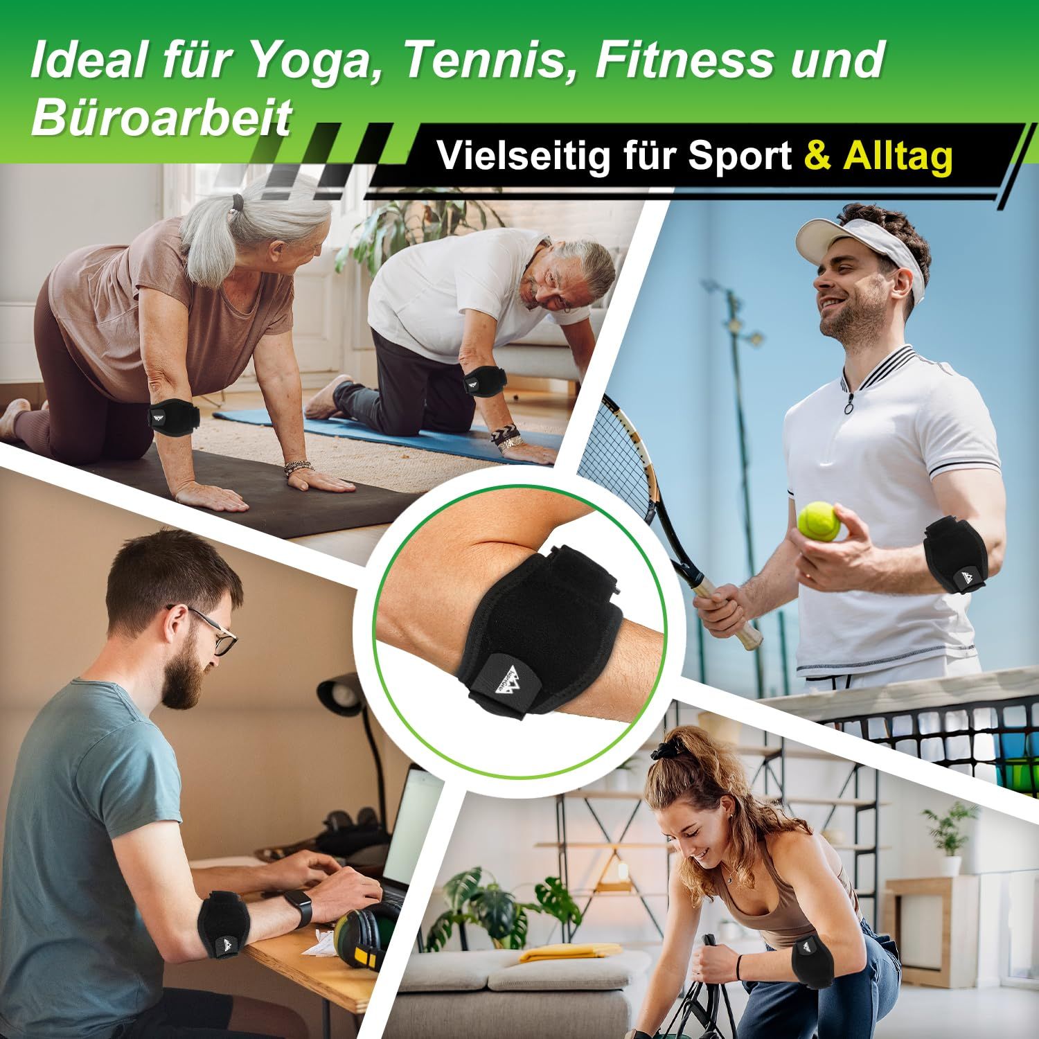 Collage zeigt Menschen bei Yoga, Tennis, Fitness und Büroarbeit, die eine Ellbogenbandage tragen.