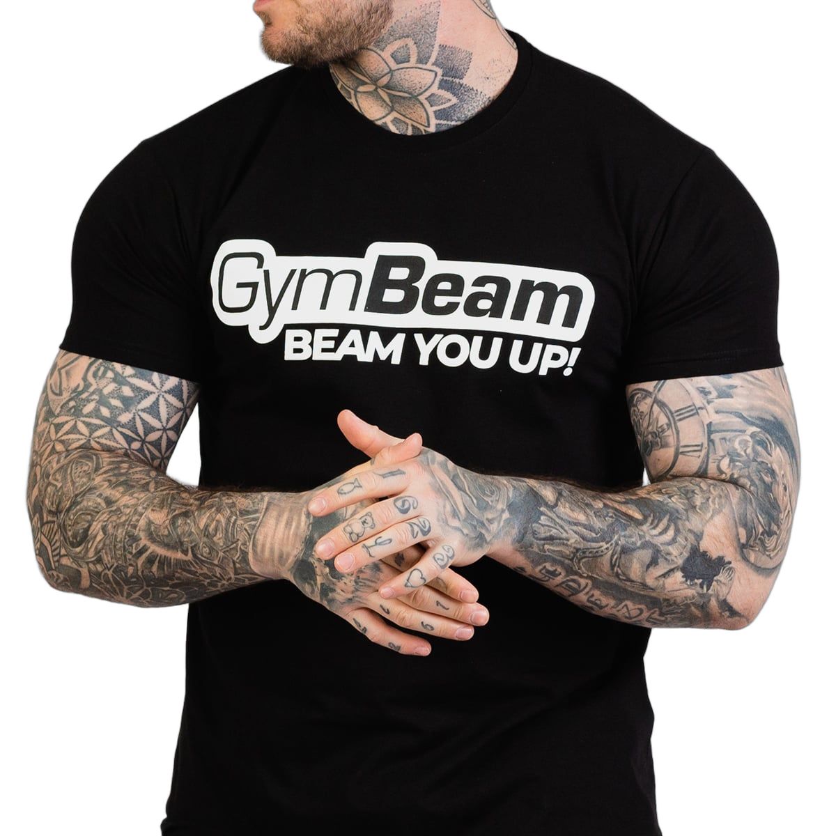 Schwarzes GymBeam T-Shirt für Männer mit weißem Logo-Aufdruck auf der Vorderseite.