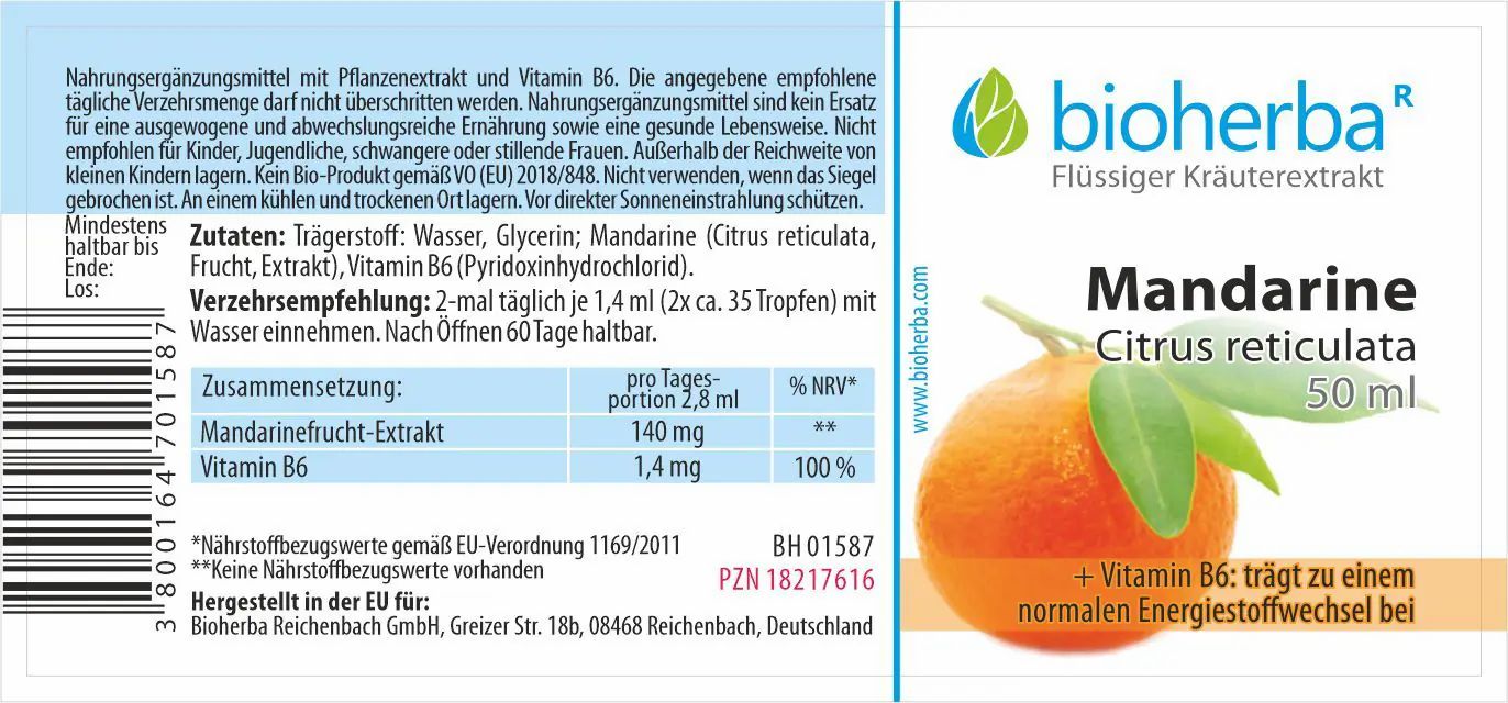 Etikett mit Produktinformationen: Name, Inhaltsstoffe, Verzehrempfehlung, Nährwerttabelle. Logo "bioherba" und Mandarinen-Illustration.