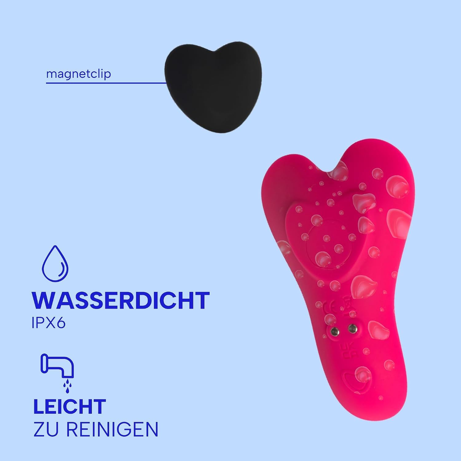Pinker Herz-Vibrator mit magnetischem Clip und IPX6 Wasserdichtigkeit.