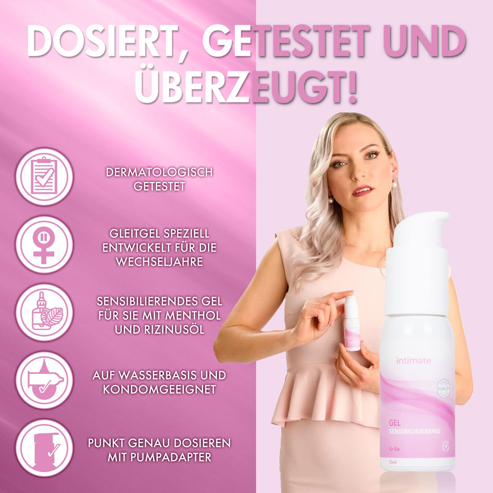 Produktflasche mit Pumpkopf. Aufschrift: Intimate, Gel sensibilisierendes. Rosa Design. Text: Dosiere, getestet und überzeugt!