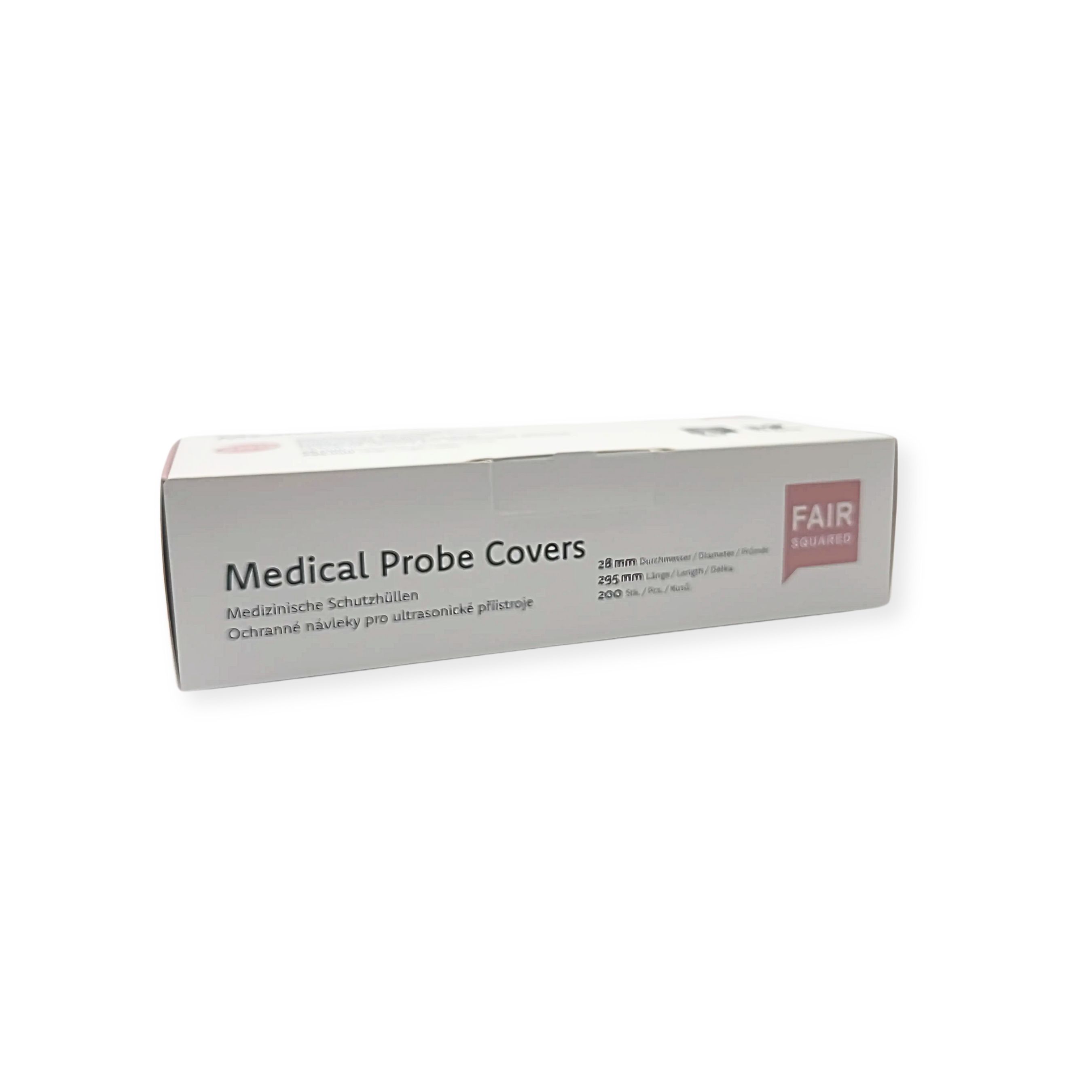 Verpackung "Medical Probe Covers". Durchmesser 33mm, Länge 195mm. Marke: FAIR SQUARED. 200 Stück.