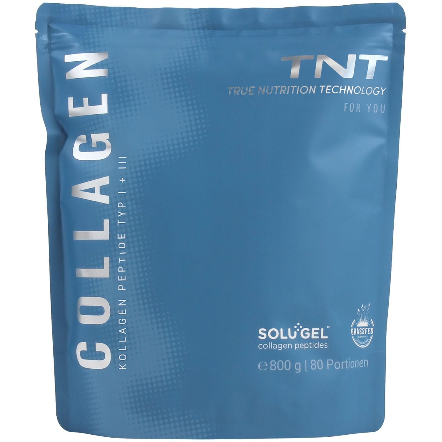 Blauer Beutel mit TNT Collagen. Schriftzug COLLAGEN, Kollagen Peptide Typ I + III. SoluGel collagen peptides. 800 g | 80 Portionen.