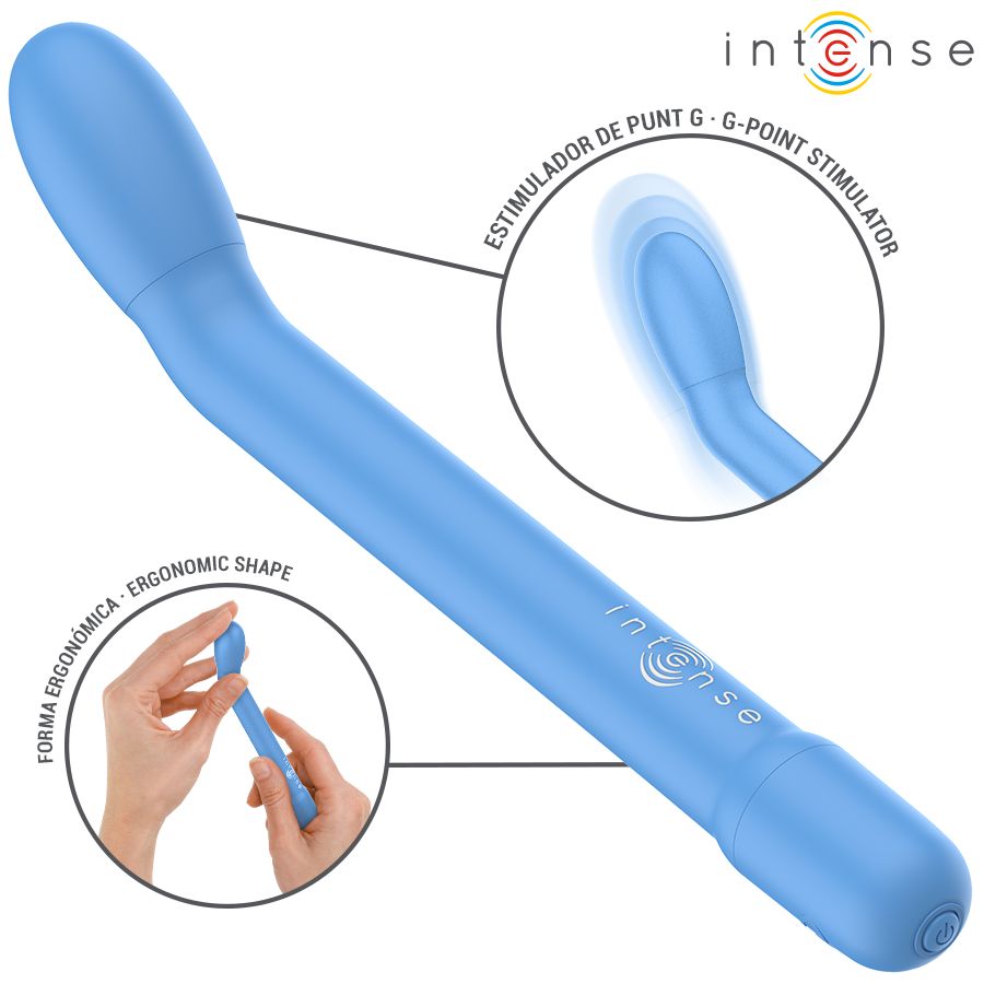 Blauer G-Punkt-Stimulator mit ergonomischer Form und Vibrationsanzeige.
