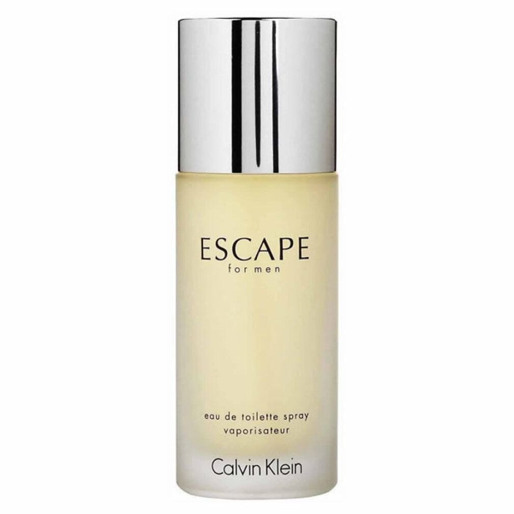 Flakon von Calvin Klein Escape for men. Zylindrische Form, silberner Deckel. Produktname und Marke auf dem Flakon.