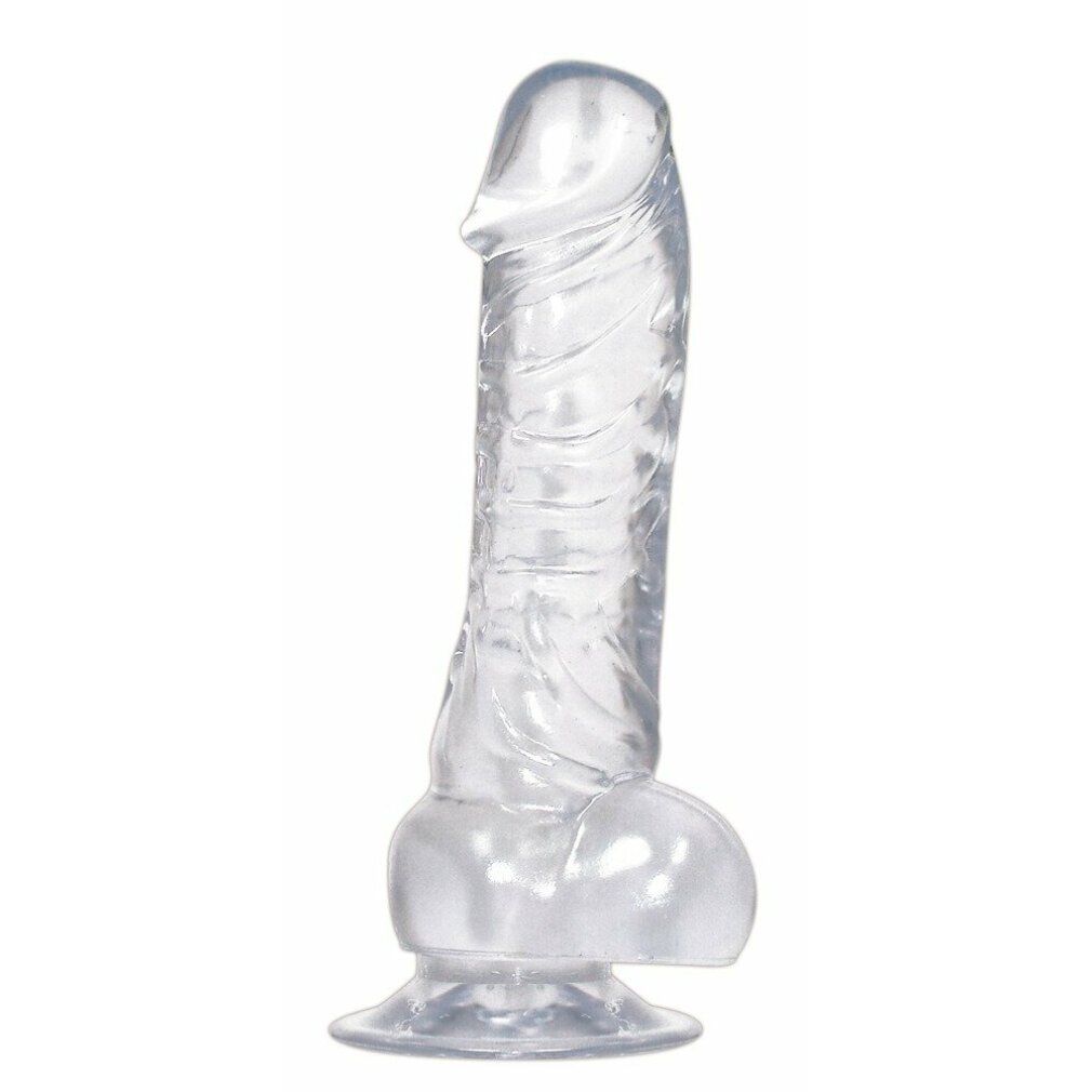 Klarer Dildo mit Saugnapf. Vertikale Form mit geriffelter Oberfläche. Transparenter Kunststoff.