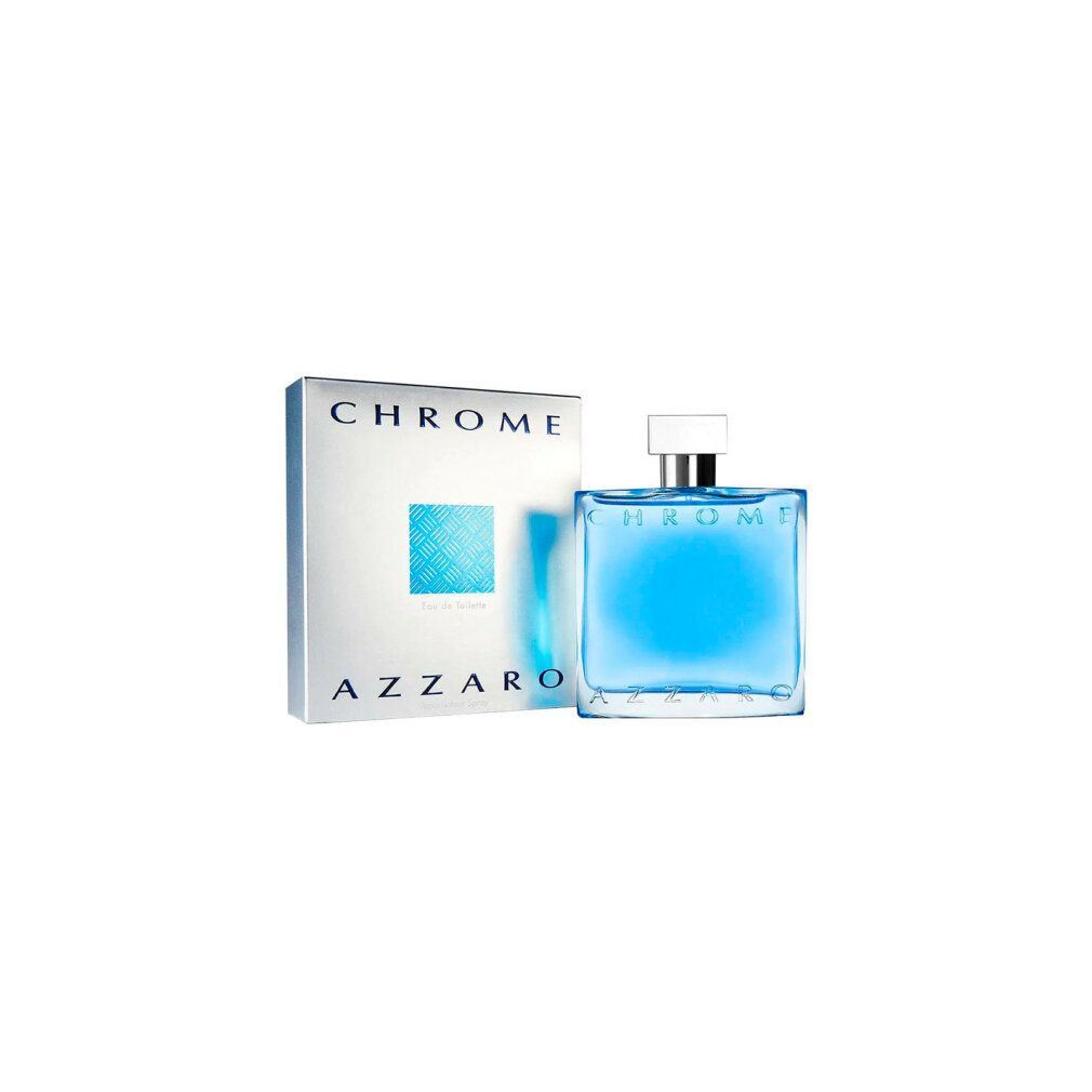 Flakon und Verpackung. Flakon mit hellblauer Flüssigkeit. Verpackung: weiß mit blauem Muster, "CHROME" und "AZZARO".