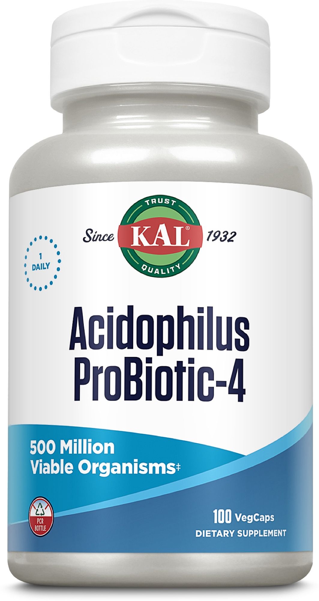KAL Acidophilus Probiotic-4 Flasche mit 100 VegCaps. Enthält 500 Millionen lebende Organismen. Tägliche Einnahme empfohlen.