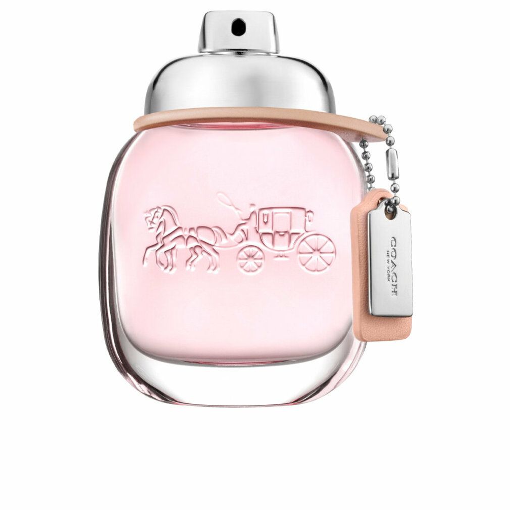 Coach 1941 Eau de Toilette Spray. Rosa Flakon mit silbernem Verschluss und Anhänger. Geprägtes Logo.