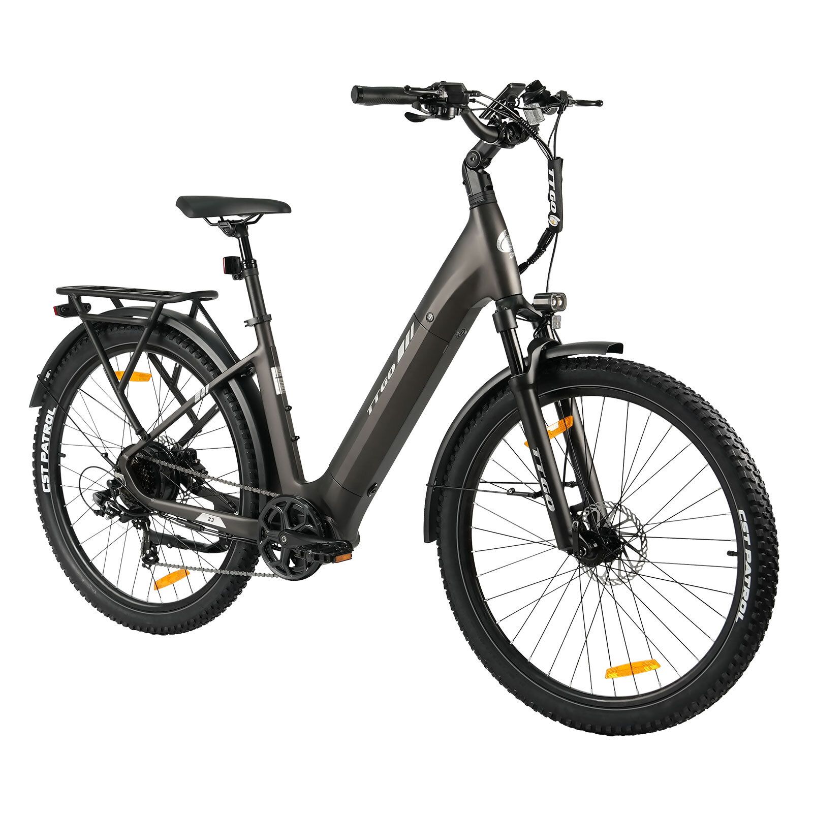 Dunkelgraues Elektrofahrrad mit Schutzblechen, Gepäckträger und hydraulischen Scheibenbremsen. Das TTGO Logo ist sichtbar.