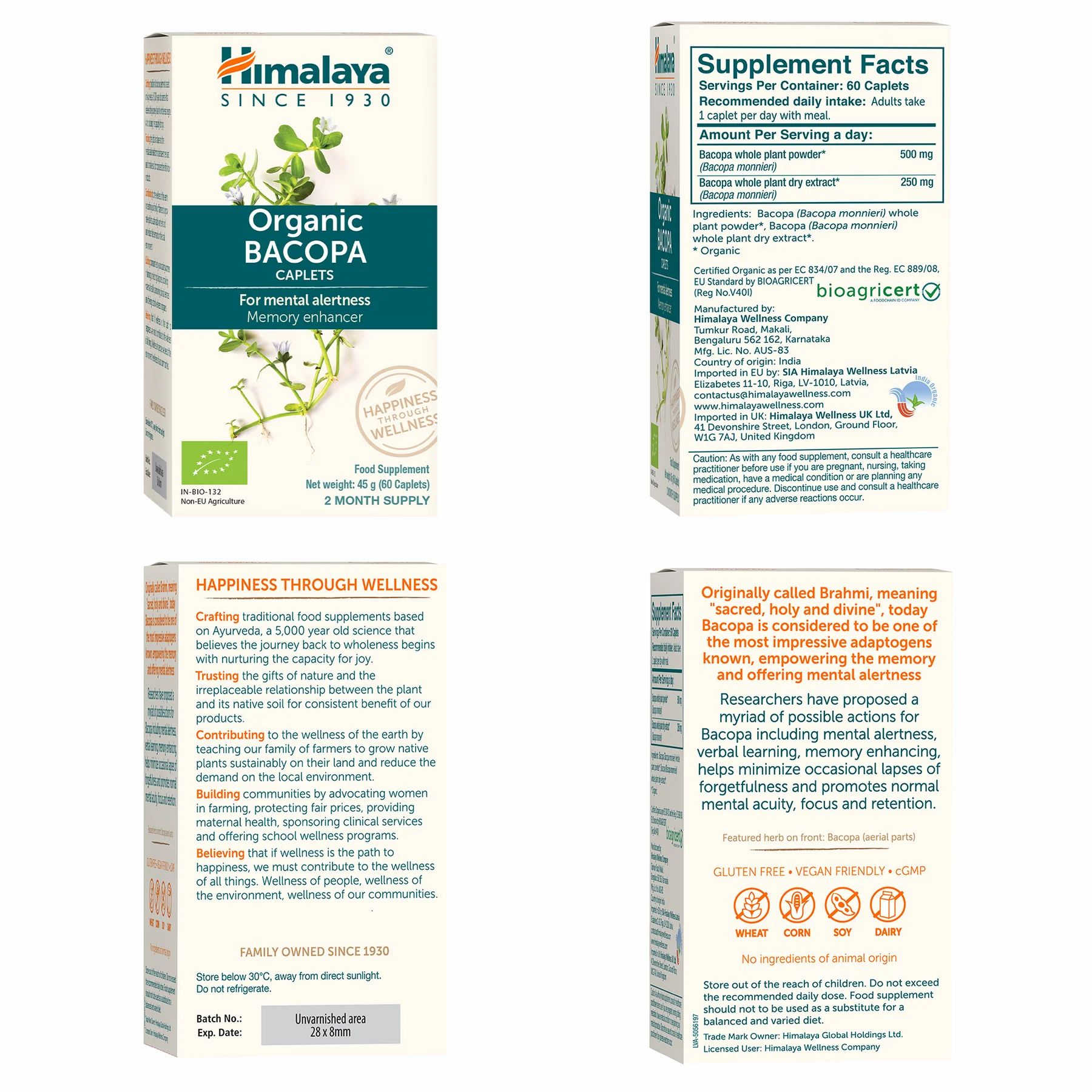 Verpackung von Himalaya Bio-Bacopa. Enthält Informationen zu Inhaltsstoffen, Dosierung und Zertifizierungen. Bioagricert-Logo sichtbar.