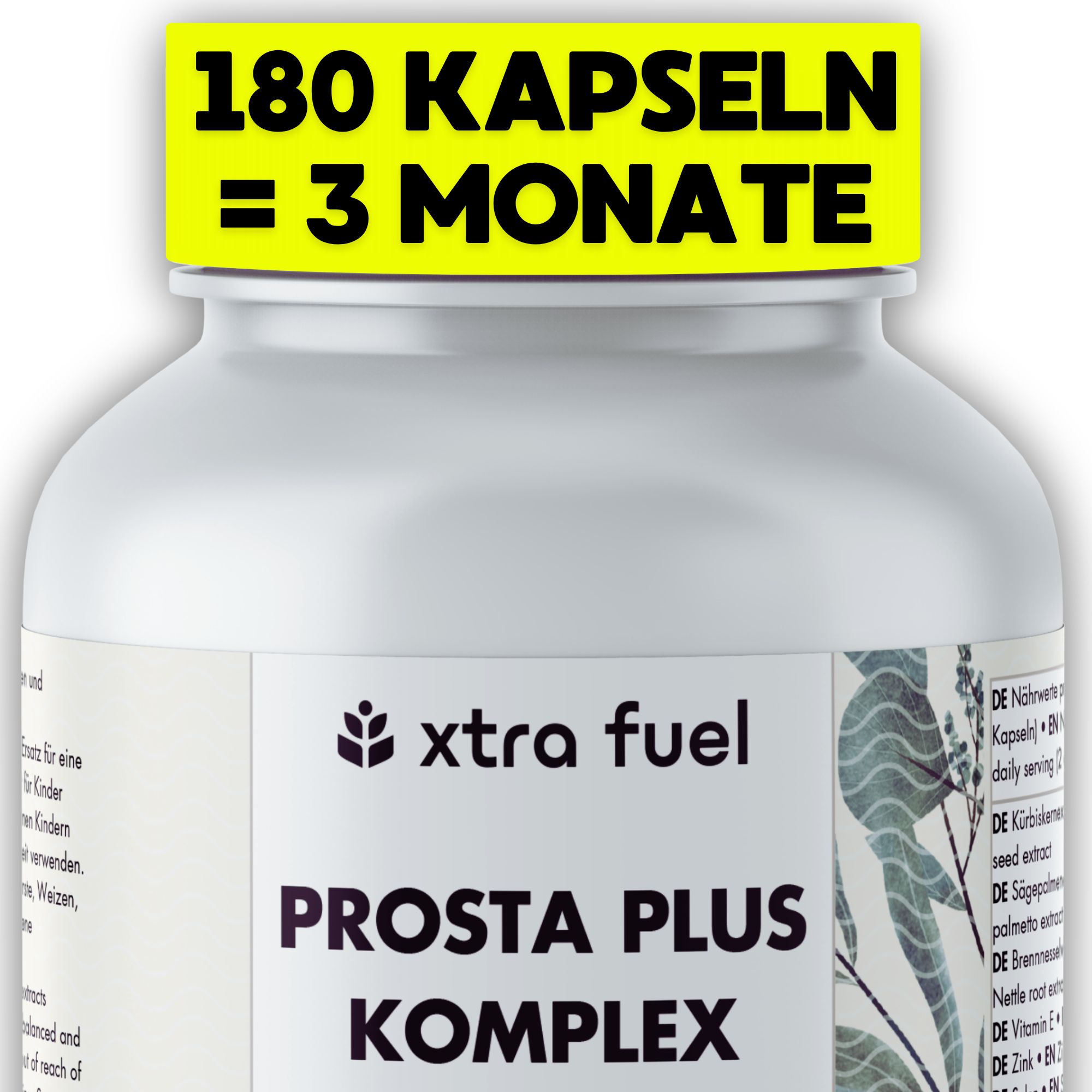 Nahaufnahme des Deckels einer Flasche mit der Aufschrift '180 Kapseln = 3 Monate'.