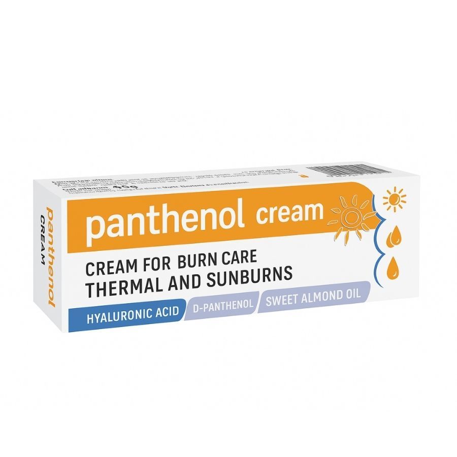 Verpackung mit "panthenol cream". Text: "CREAM FOR BURN CARE THERMAL AND SUNBURNS". Enthält Hyaluronsäure, D-Panthenol, Süßmandelöl.