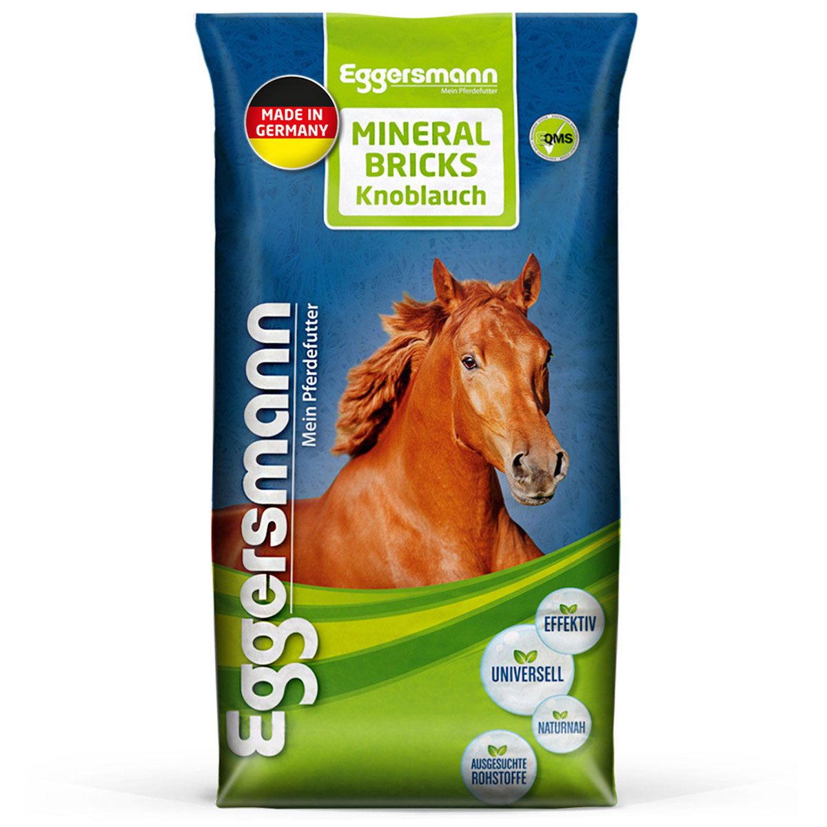 Eggersmann Mineral Bricks Knoblauch Pferdefutter-Verpackung mit Pferdekopf-Illustration.
