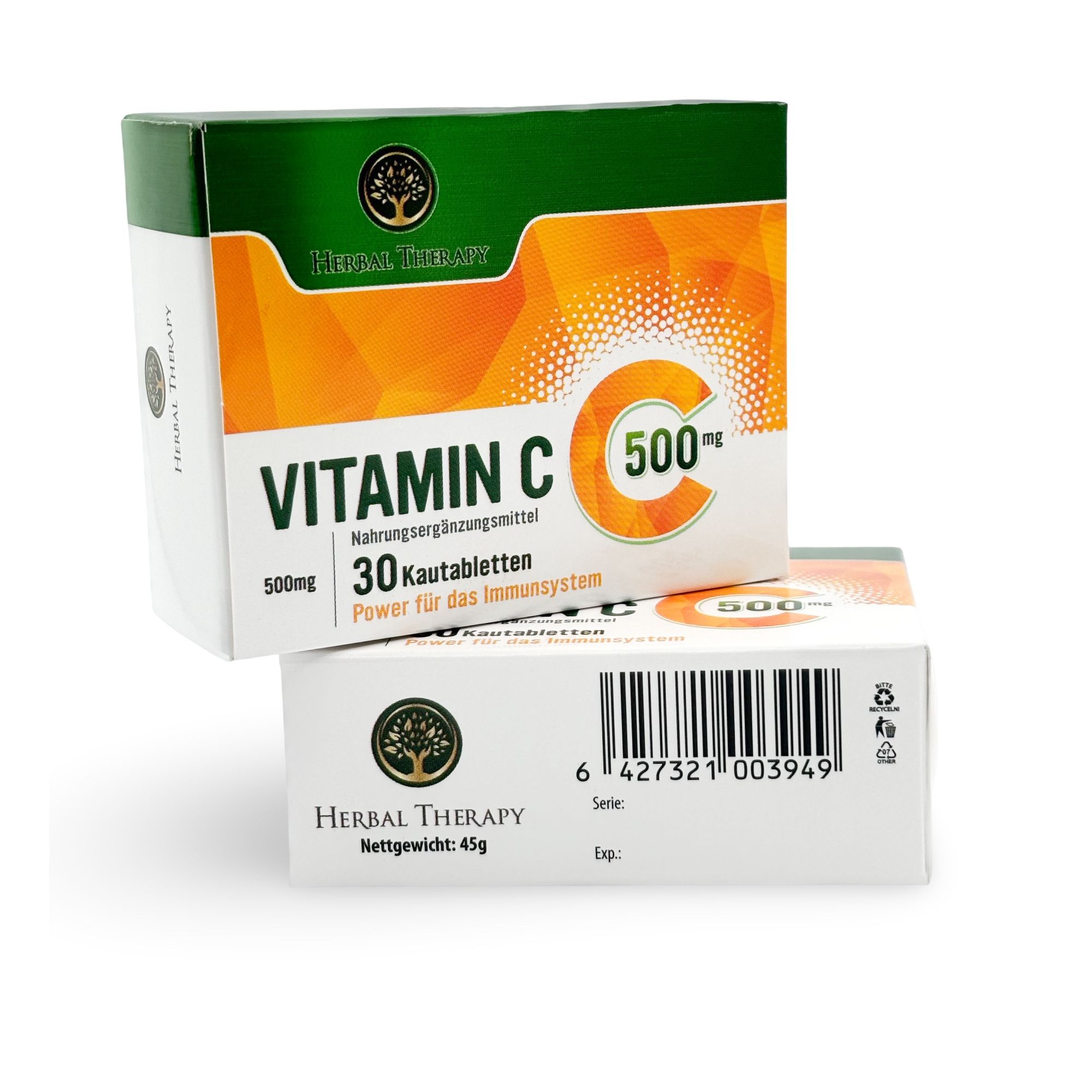 Zwei Vitamin C 500 mg Schachteln. Eine steht, eine liegt. Orange-weißes Design. Barcode und Produktinformationen.