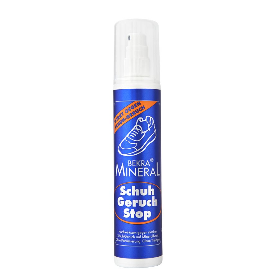 BEKRA Mineral Schuhgeruch Stop Sprayflasche mit Pumpsprühkopf. Blaue Flasche mit weißem Etikett und Schuh-Illustration.