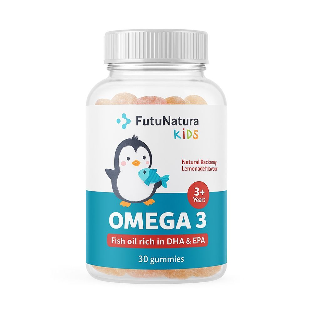 Omega-3 Gummies für Kinder in einer transparenten Flasche. Etikett mit Pinguin-Illustration und Text: Omega 3, 3+ Jahre, 30 Gummies.