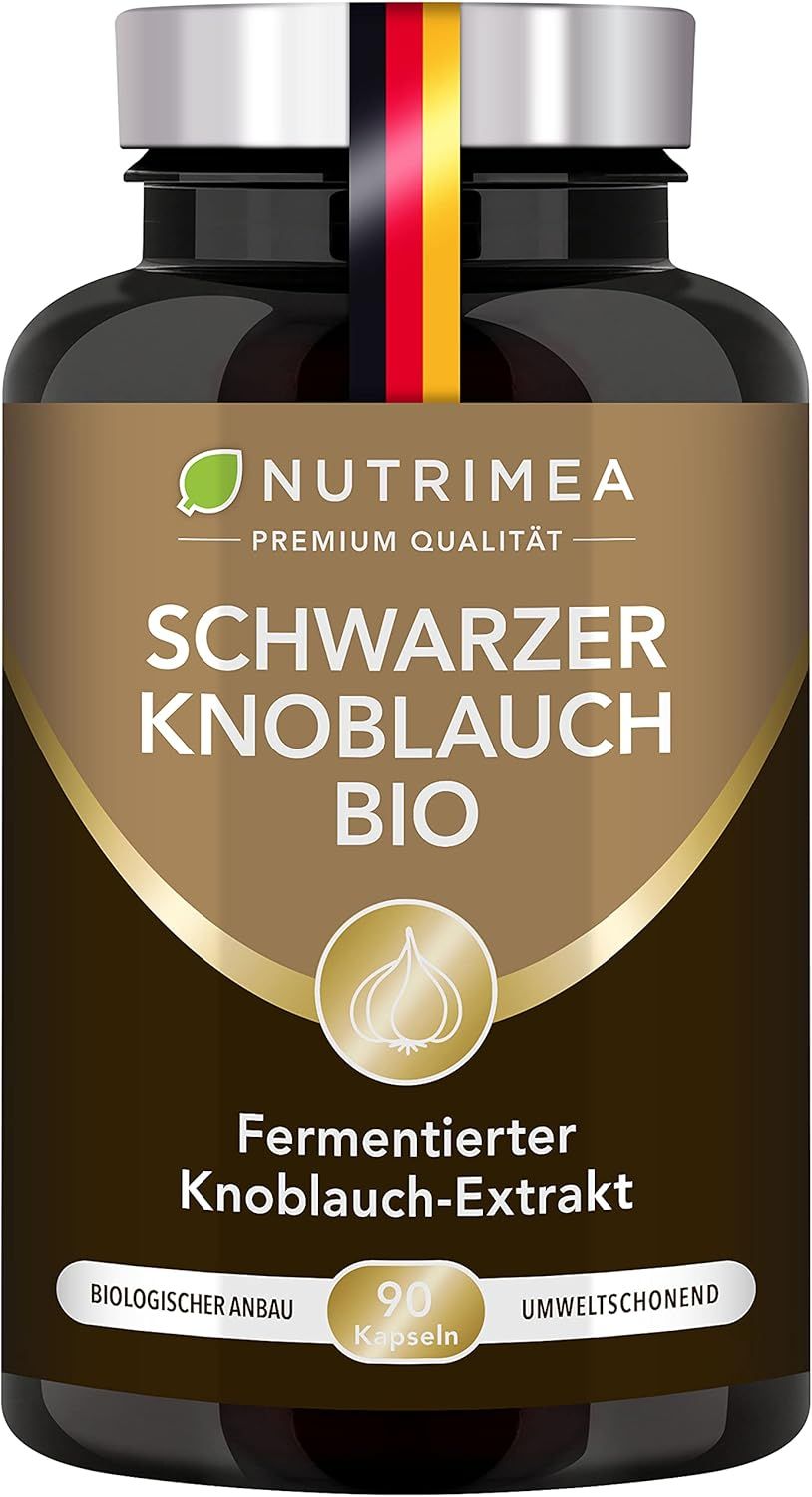 Braune Flasche mit schwarzem Deckel. Aufschrift: Schwarzer Knoblauch BIO. 90 Kapseln. Biologischer Anbau. Umweltfreundlich.