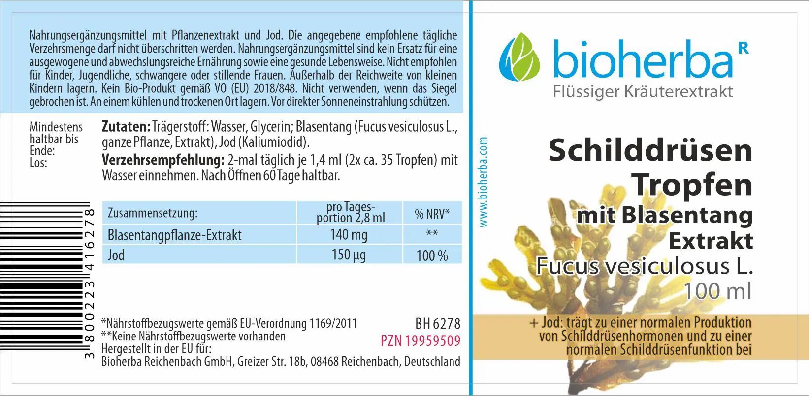 Etikett mit Produktinformationen. Marke Bioherba, Produktname, Inhaltsstoffe und Dosierung. Text: Schilddrüsen Tropfen mit Blasentang Extrakt.