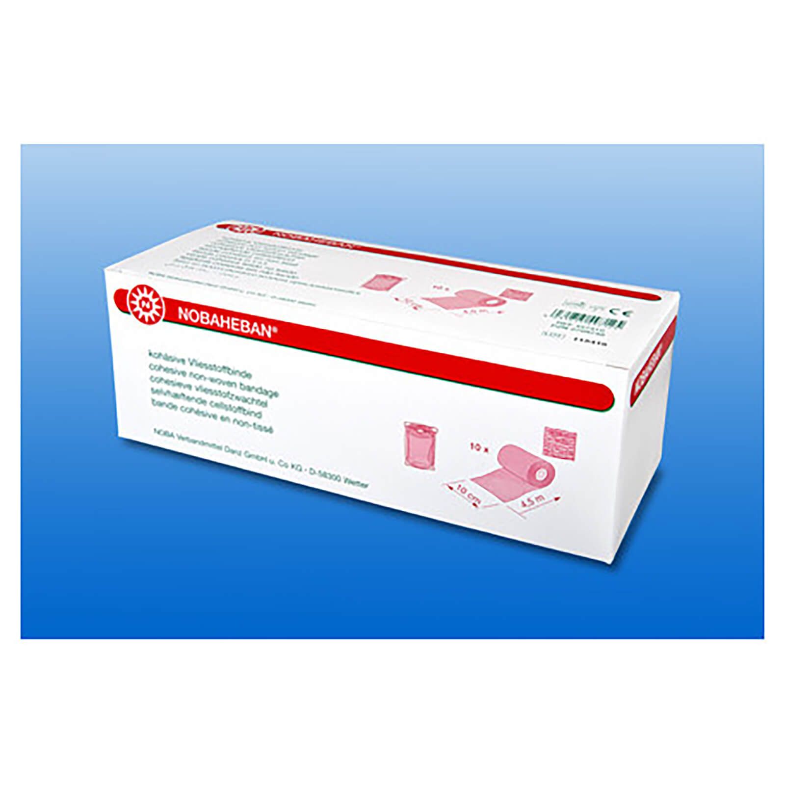 Weiße Verpackung mit roter Schrift. Aufdruck: NOBAHEBAN, kohäsive Kompressionsbinde. Abbildungen der Bandage und Maße.