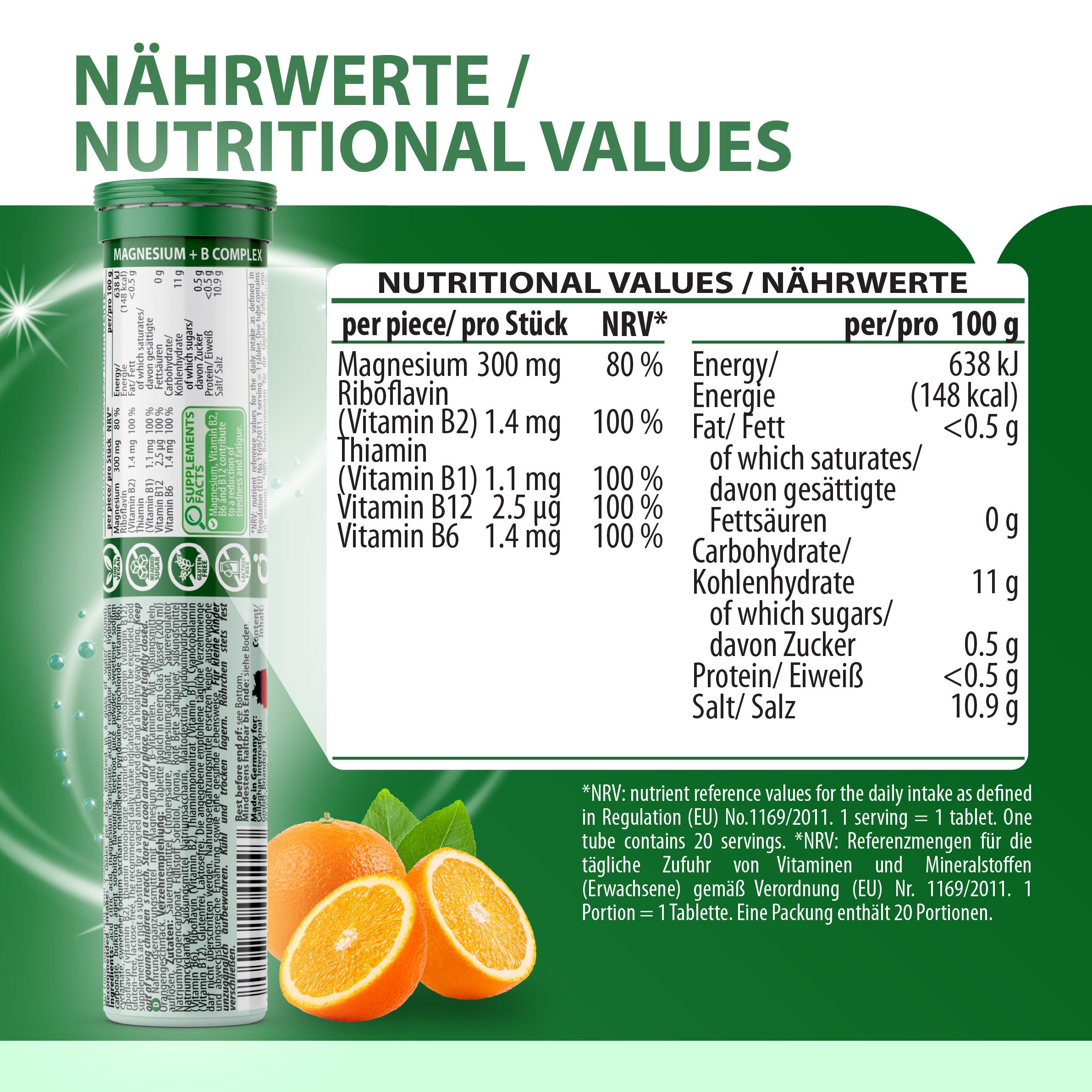 Nährwerttabelle auf einer Tube EVÄM Magnesium + B Complex. Enthält Magnesium, Riboflavin, Thiamin, Vitamin B12 und B6. 20 Portionen.