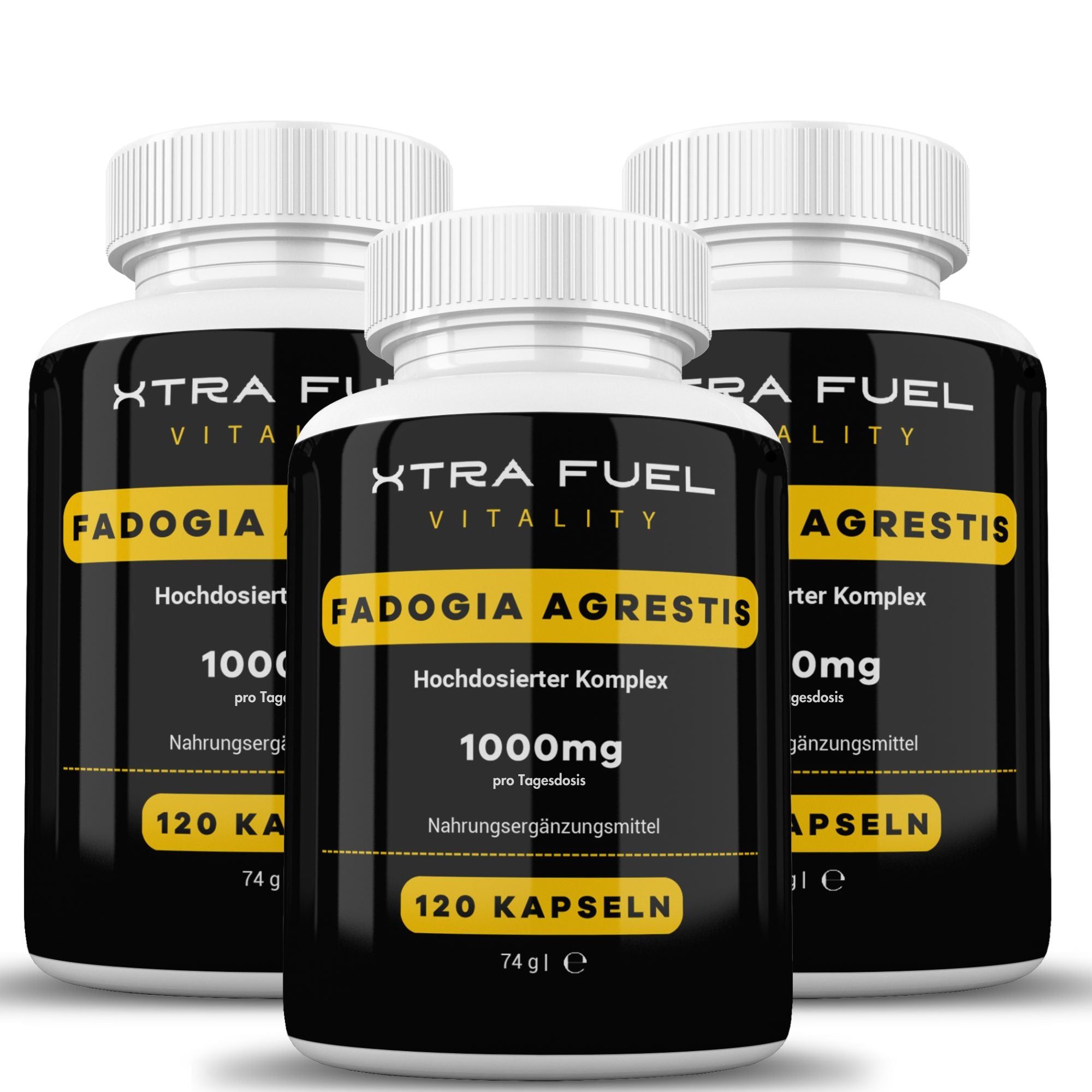 Drei Flaschen XTRA FUEL Fadogia Agrestis Kapseln. Schwarze Etiketten mit weißen Schriftzügen. Weiße Kappen.