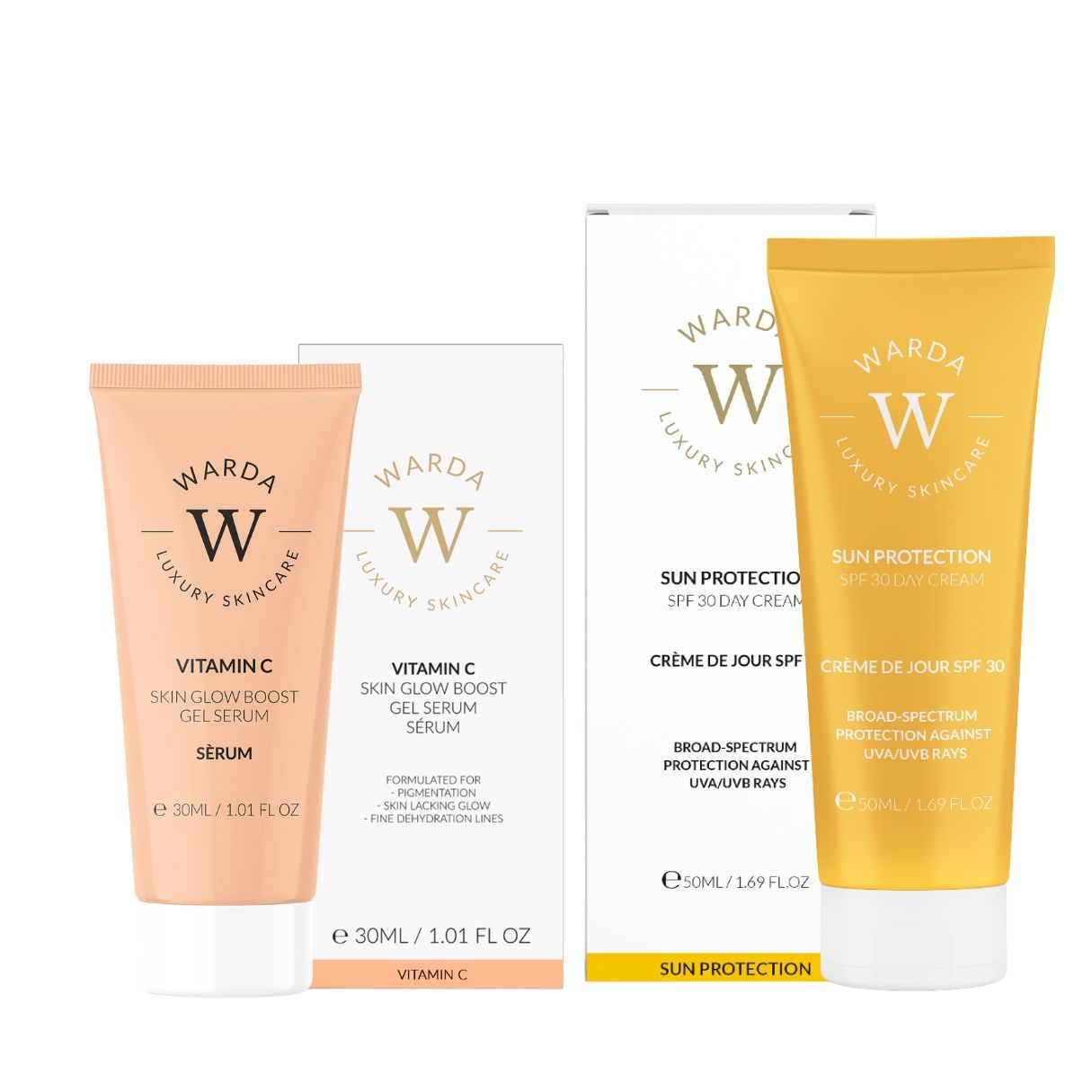 Serum-Tube, Creme-Tube und Verpackung. Aufschrift: Vitamin C, LSF 30. Marke: Warda Luxury Skincare.