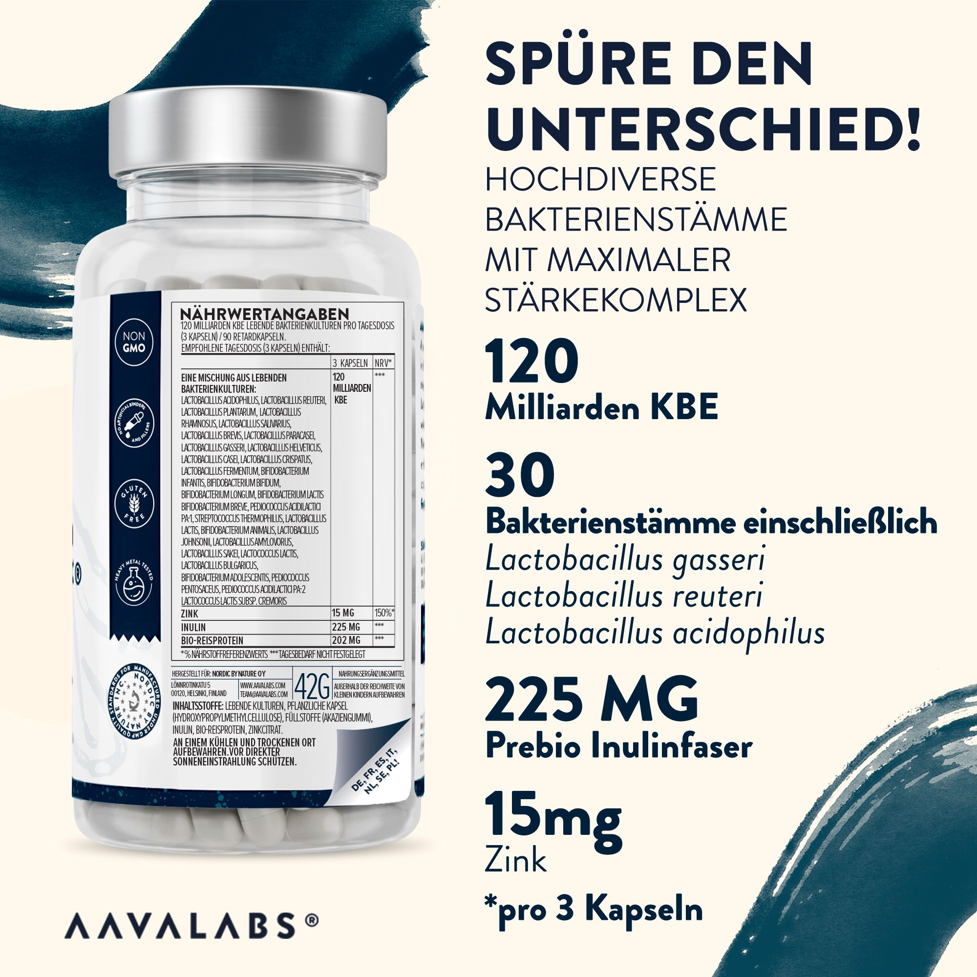Aavalabs Premium Probiolac: Nährwertangaben, 120 Milliarden KBE, 30 Bakterienstämme, 225mg Prebio Inulinfaser, 15mg Zink.