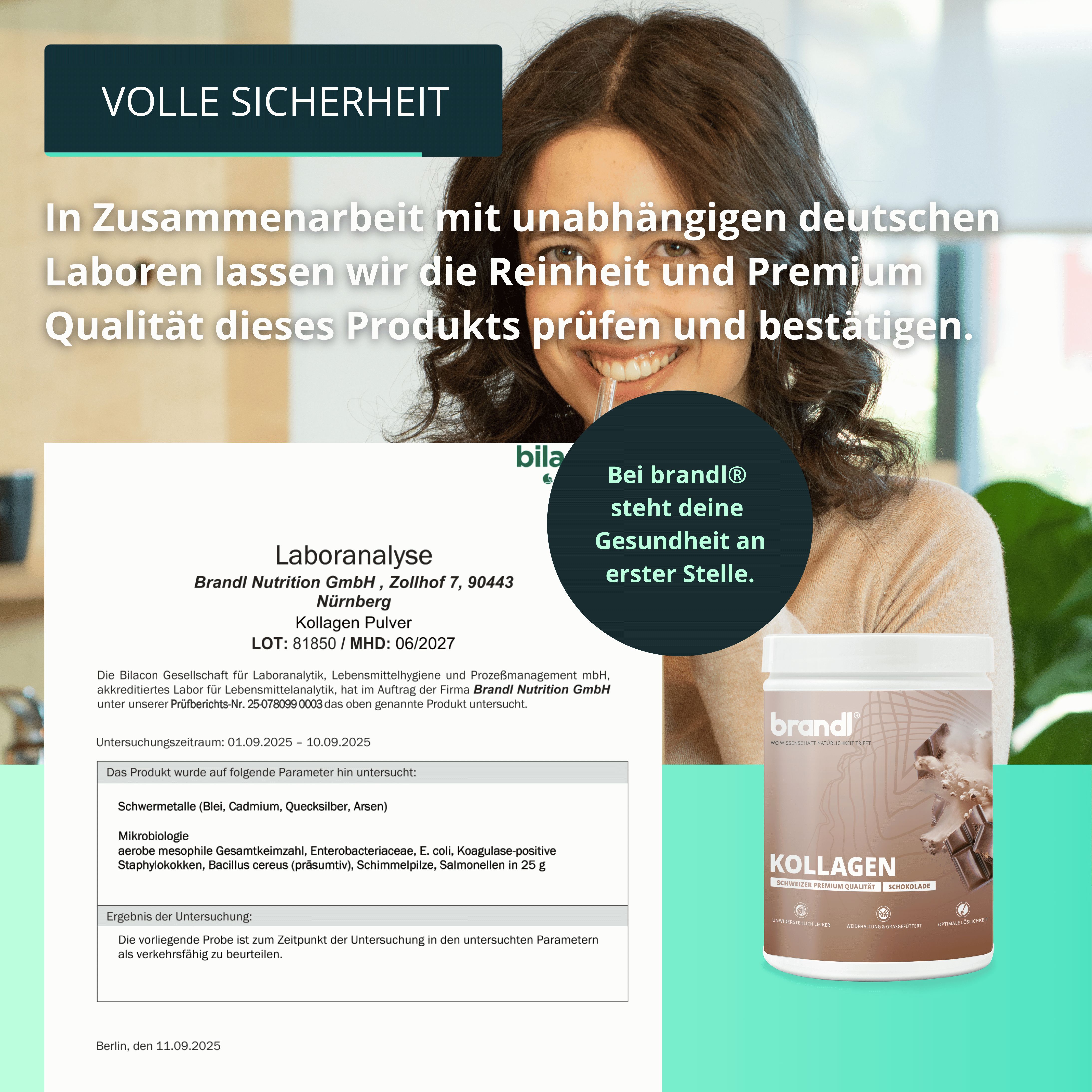 Laboranalyse-Zertifikat von brandl® Kollagen Pulver. Behälter brandl® Kollagen daneben. Text: Premium Qualität.