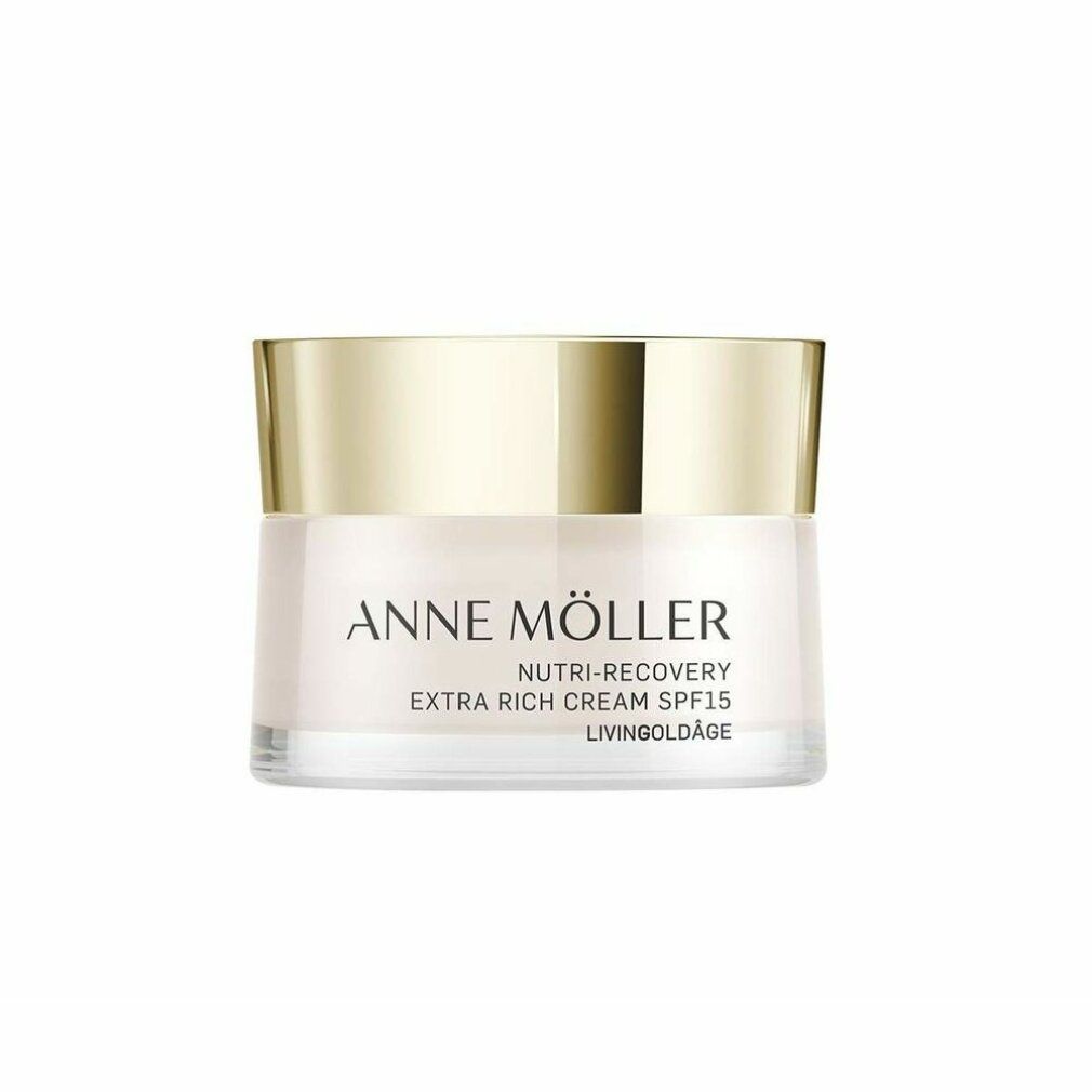 Creme-Tiegel mit goldfarbenem Deckel. Aufschrift: ANNE MÖLLER, NUTRI-RECOVERY, EXTRA RICH CREAM SPF15, LIVINGOLDÂGE.