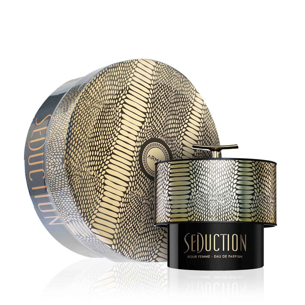 Parfümflakon und Verpackung. Flakon schwarz mit goldfarbenem Deckel. Verpackung rund, gold-schwarz.