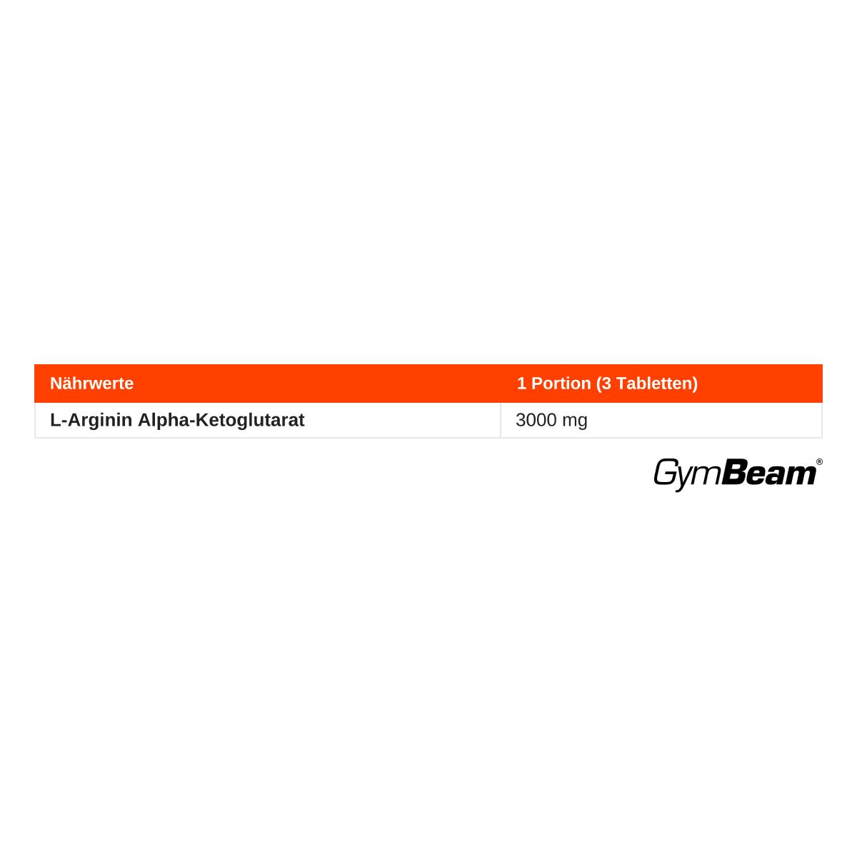 Nährwertangaben für GymBeam Arginin Alpha-Ketoglutarat: 1 Portion (3 Tabletten) = 3000 mg.