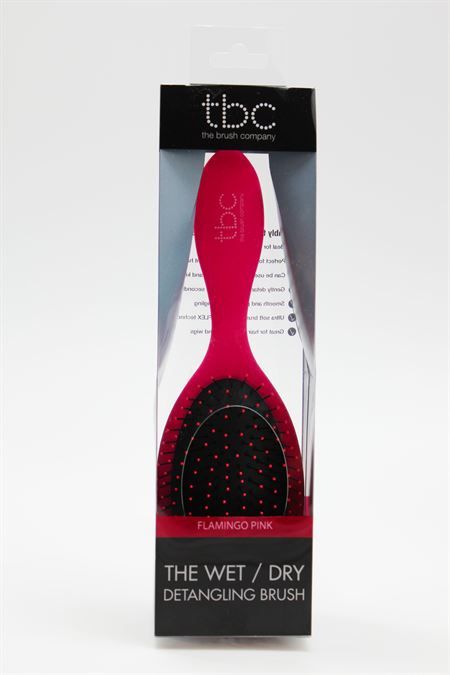 TBC Detangling Haarbürste in Flamingo Pink, verpackt in durchsichtiger Einzelhandelsverpackung.