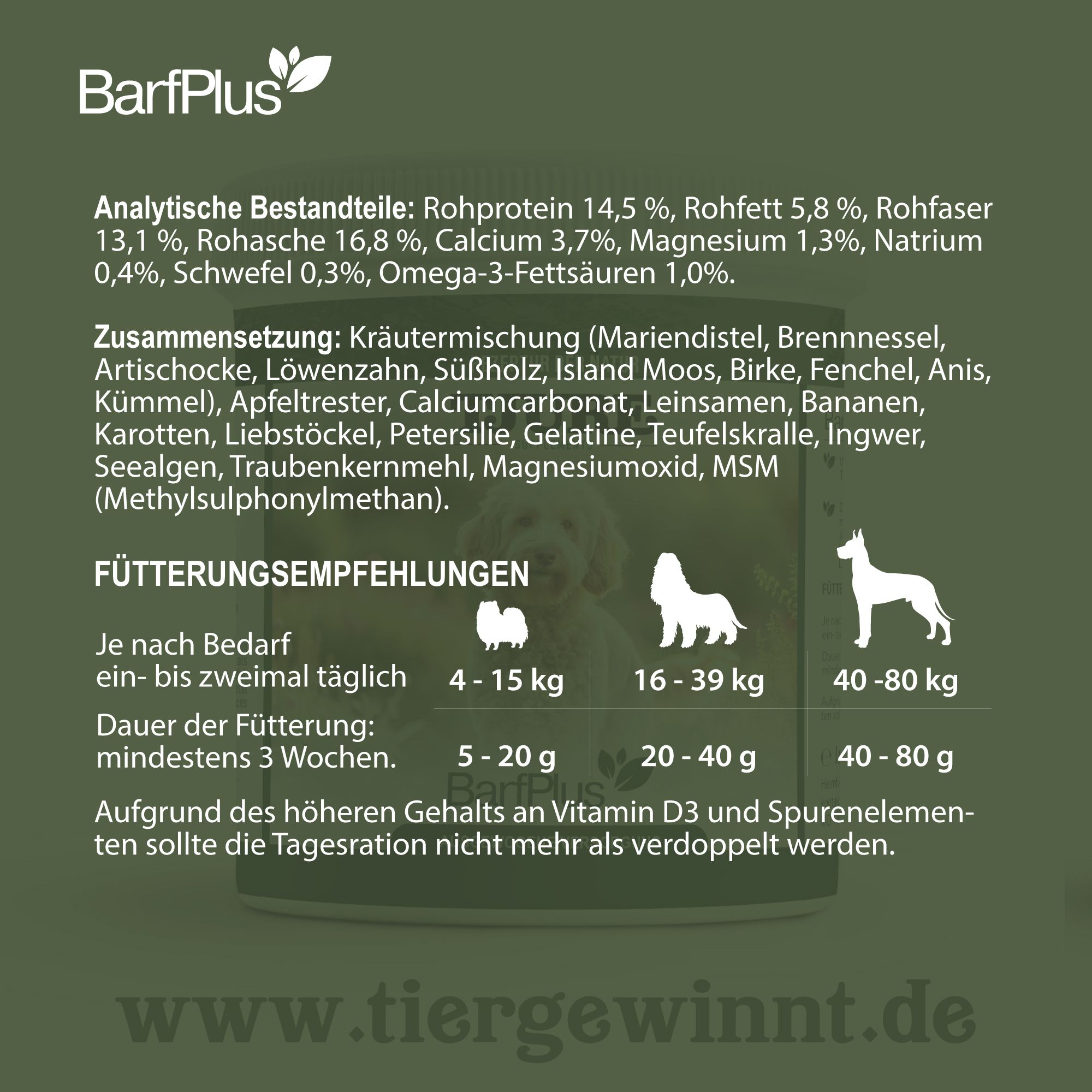 Tjure Hund Barf Plus-Behälter. Analytische Bestandteile. Fütterungsempfehlungen für Hunde nach Gewicht.