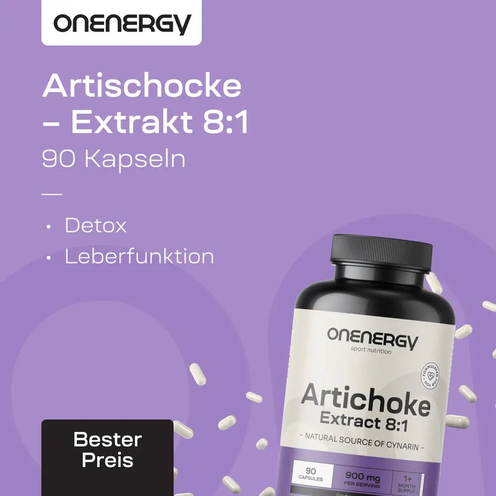 Flasche OnEnergy Artischocke Extrakt 8:1, 90 Kapseln, mit Stichpunkten zu Detox und Leberfunktion.