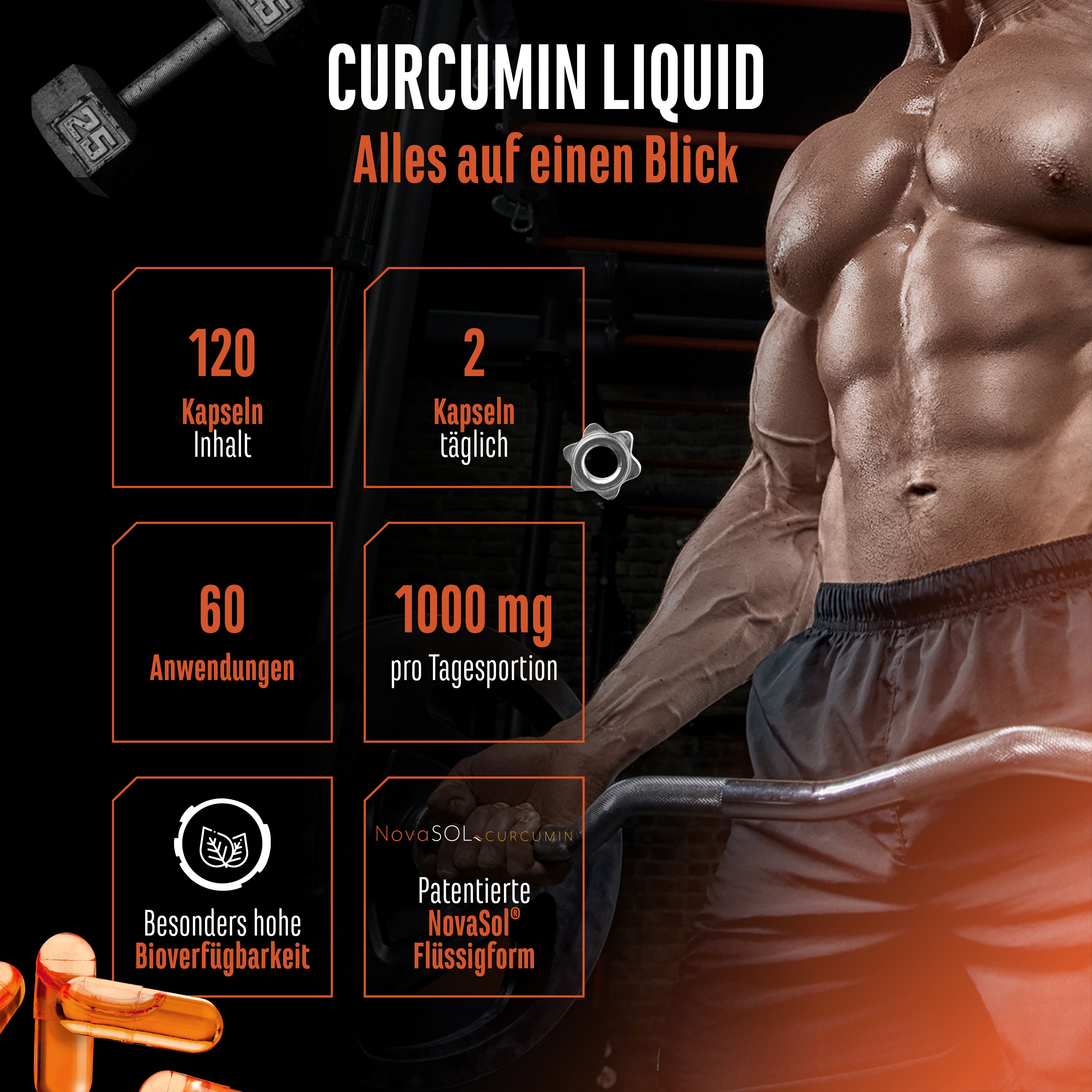 Grafik mit Informationen zu Curcumin Liquid. Enthält Angaben zu Kapselanzahl, Dosierung und Inhaltsstoffen. Muskelaufbau-Kontext.