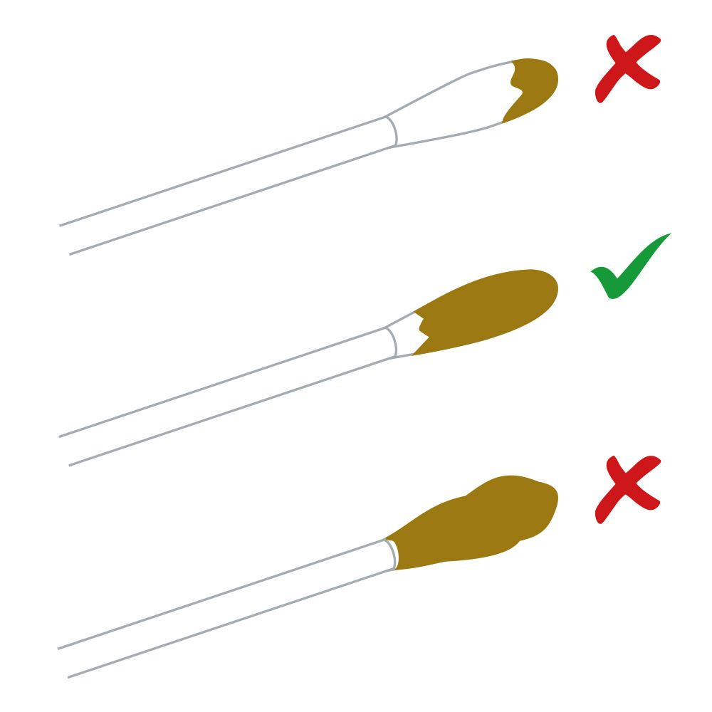 Drei Abbildungen von Tupfern. Eine mit korrekter Probenentnahme, zwei mit fehlerhafter Probenentnahme.