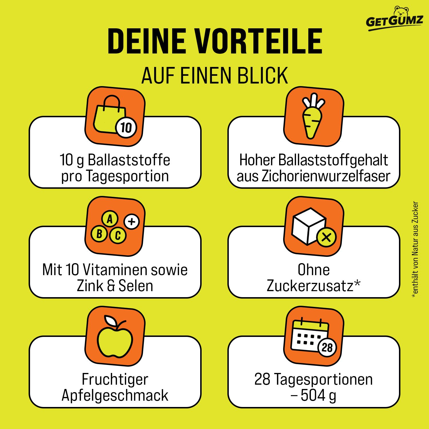 Vorteile GetGumz: 10g Ballaststoffe, Zichorienwurzel, 10 Vitamine, Zink, Selen, ohne Zucker.