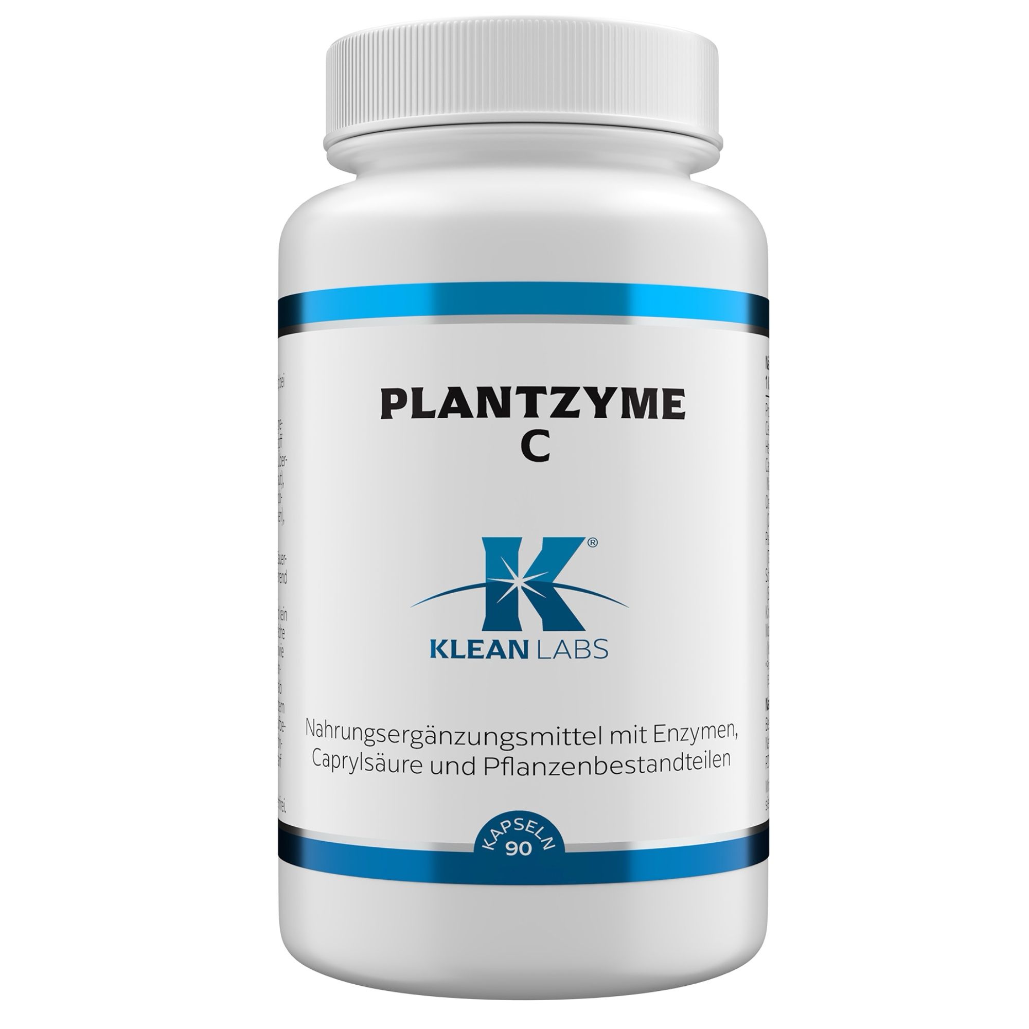 Weiße Flasche mit blauem Streifen und Aufschrift PLANTZYME C. Klean Labs Logo. Nahrungsergänzungsmittel mit Enzymen. 90 Kapseln.