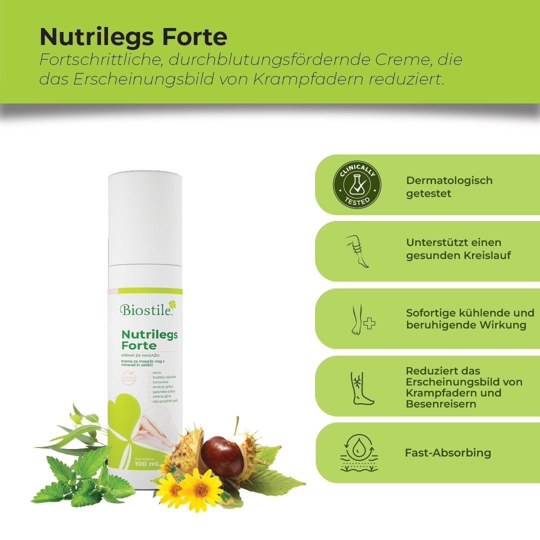Biostile Nutrilegs Forte Creme Flasche mit klinisch getestetem Siegel und Vorteilen.