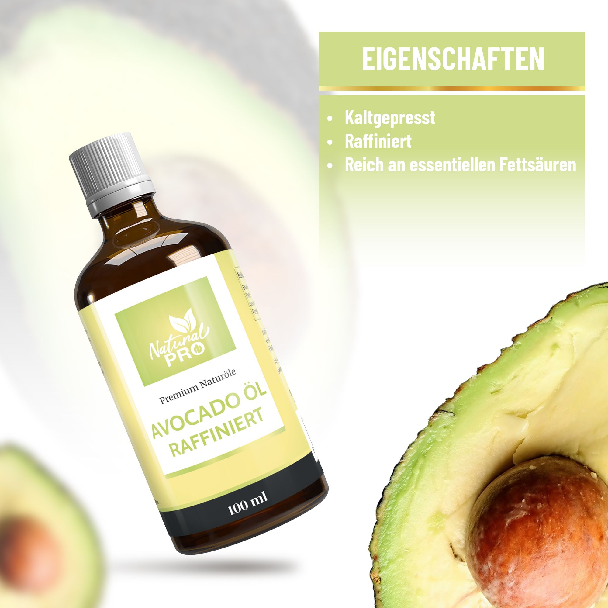 Glasflasche Avocado Öl vor Avocado-Hintergrund. Text: Eigenschaften: kaltgepresst, raffiniert, reich an Fettsäuren.