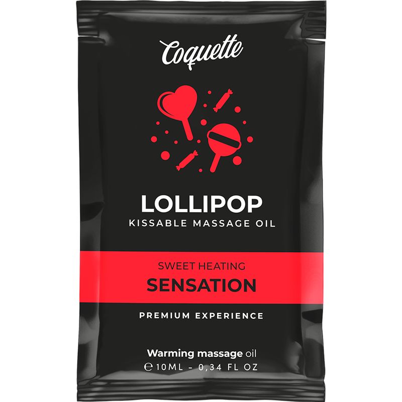 Coquette Lollipop Kissable Massage Oil Sachet. Schwarze Verpackung mit Lollipop-Symbolen. Enthält 10ml.