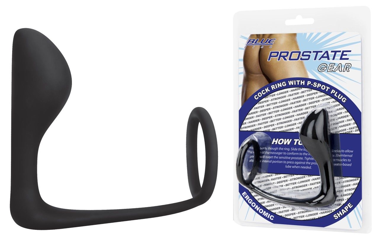 Schwarzer Cock Ring mit P-Spot Plug. Verpackung mit Produktname und Marke. Ergonomische Form.