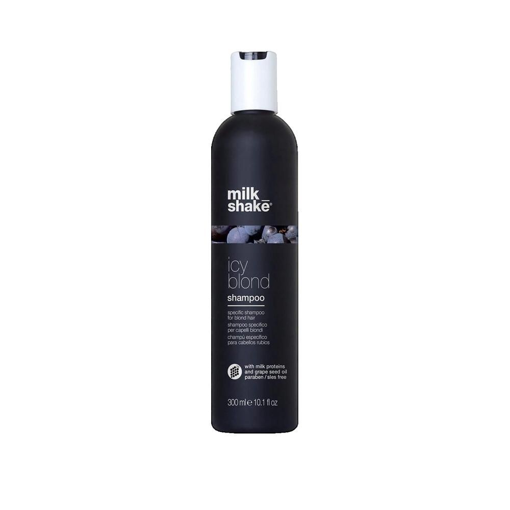 Schwarze Flasche mit weißem Deckel, Milk Shake Icy Blond Shampoo, 300ml.